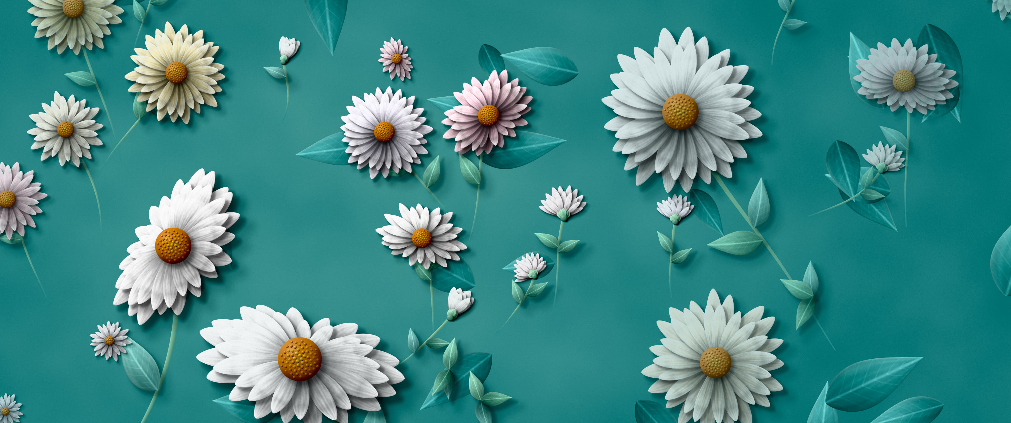 Teal Paper Daisy Pattern ultrawide wallpaper, 3440 × 1440