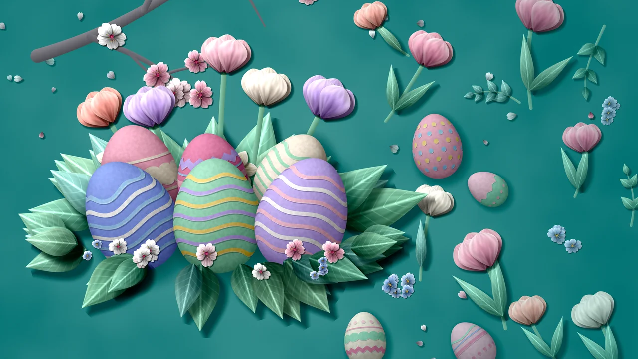 Teal Paper Easter Eggs and Spring Flowers desktop wallpaper in 4K