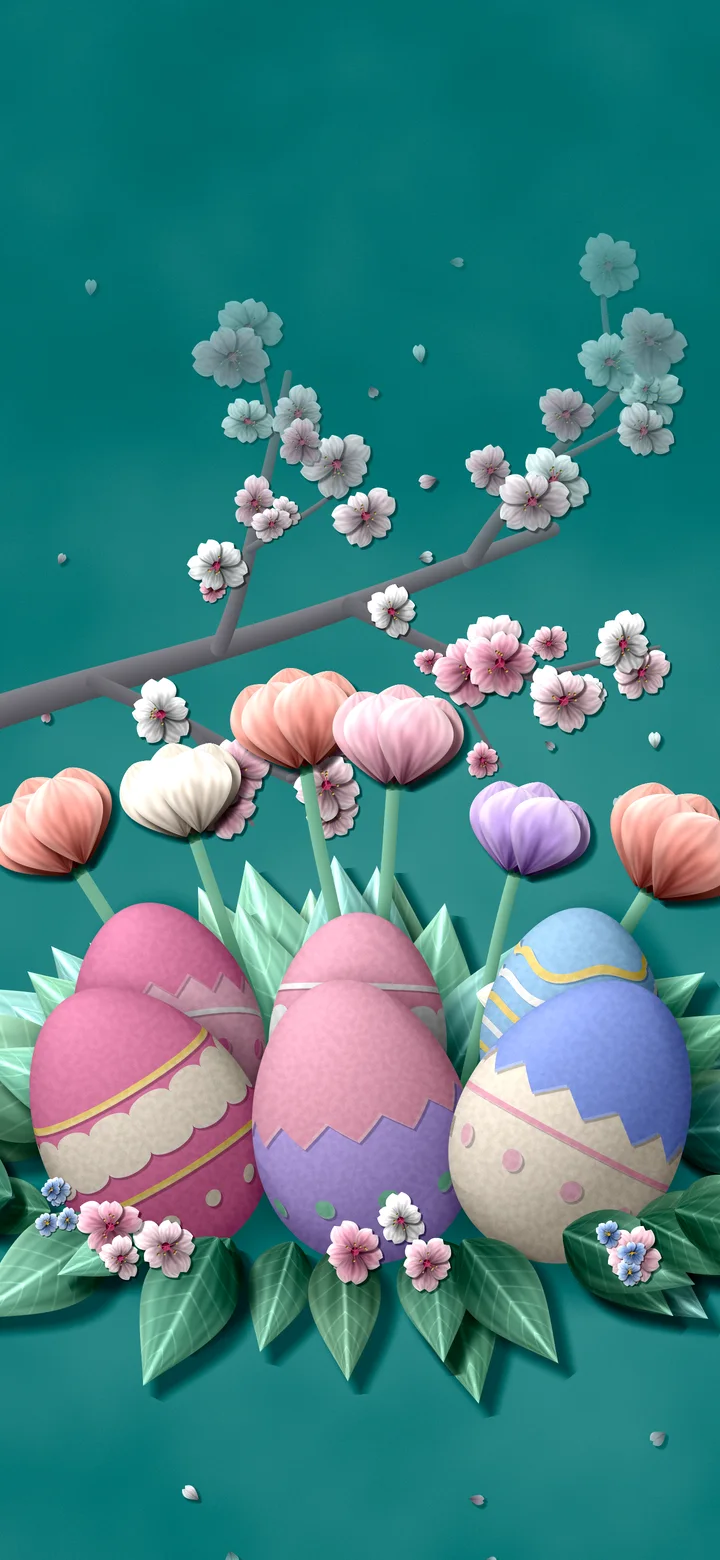 Teal Paper Easter Eggs and Spring Flowers wallpaper for iPhone and Android