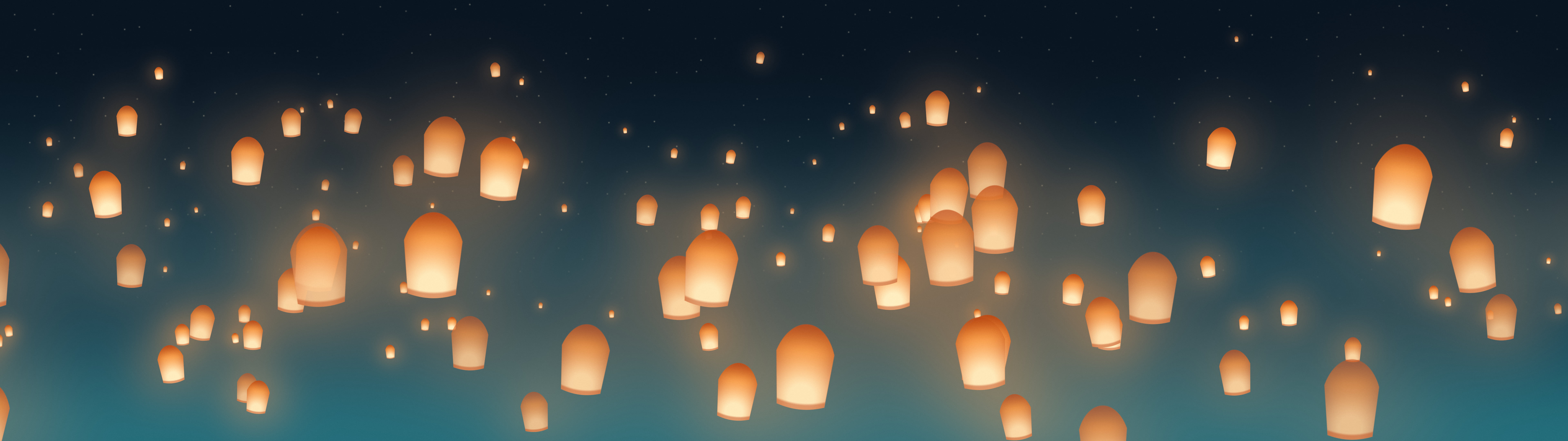Teal Paper Lanterns dual monitor wallpaper, 7680 × 2160