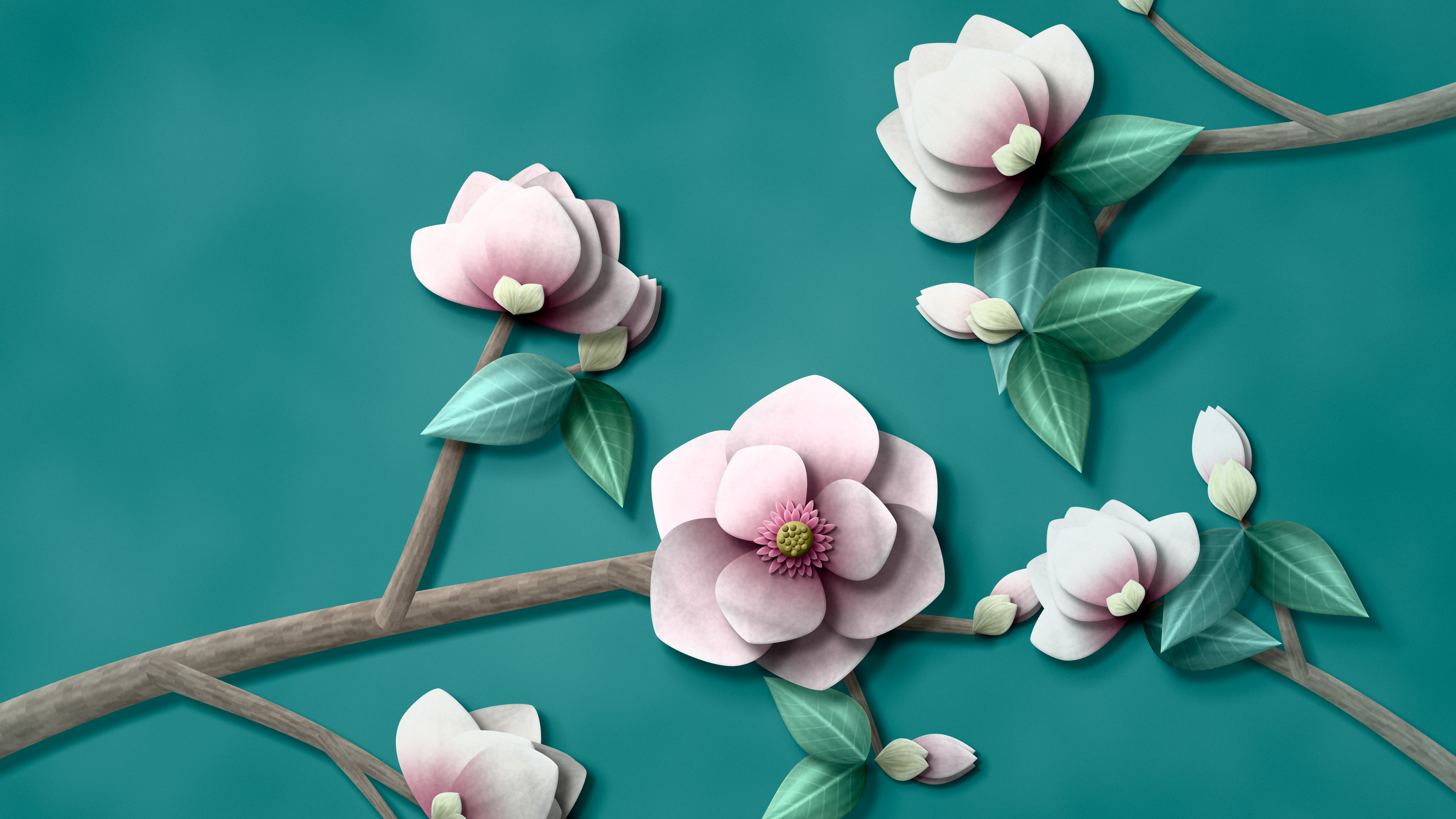 Teal Paper Magnolia Branch desktop wallpaper in 4K