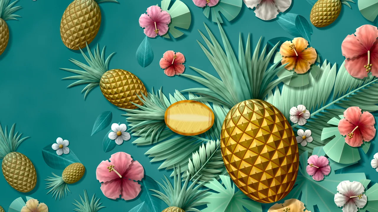 Teal Paper Pineapples and Hibiscus desktop wallpaper in 4K