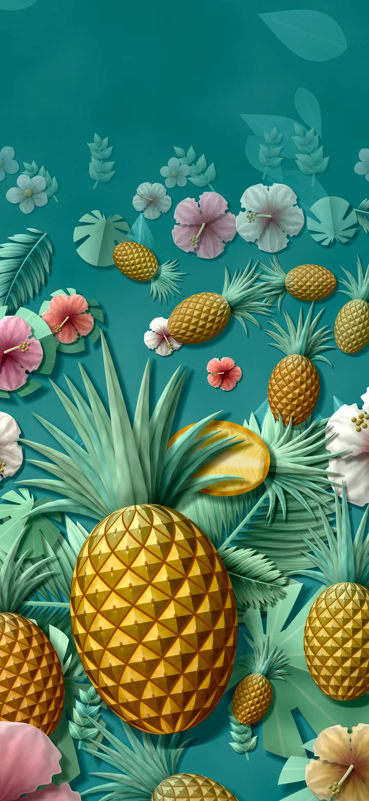 Teal Paper Pineapples and Hibiscus wallpaper for iPhone and Android