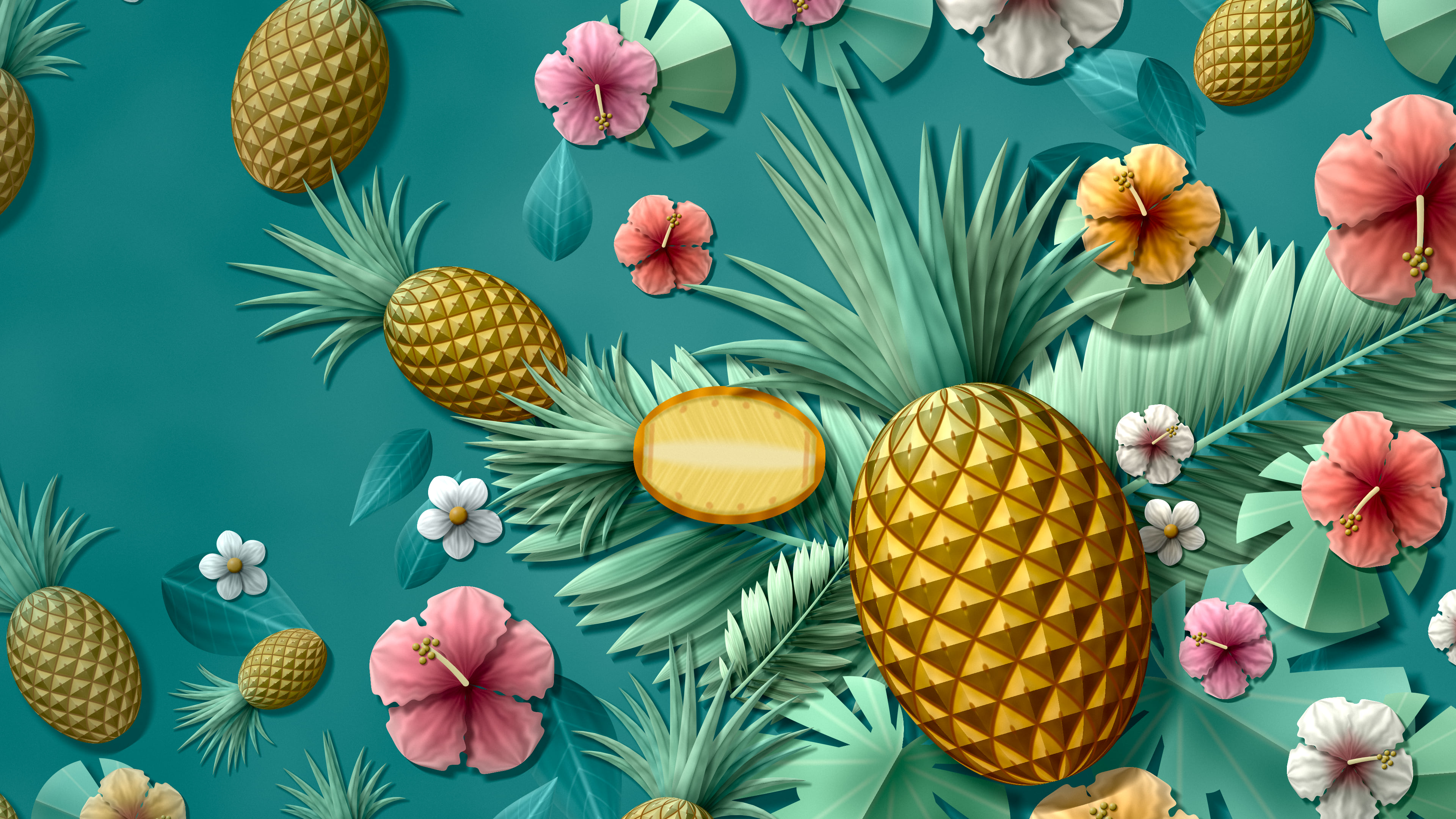 Teal Paper Pineapples and Hibiscus desktop wallpaper in 4K