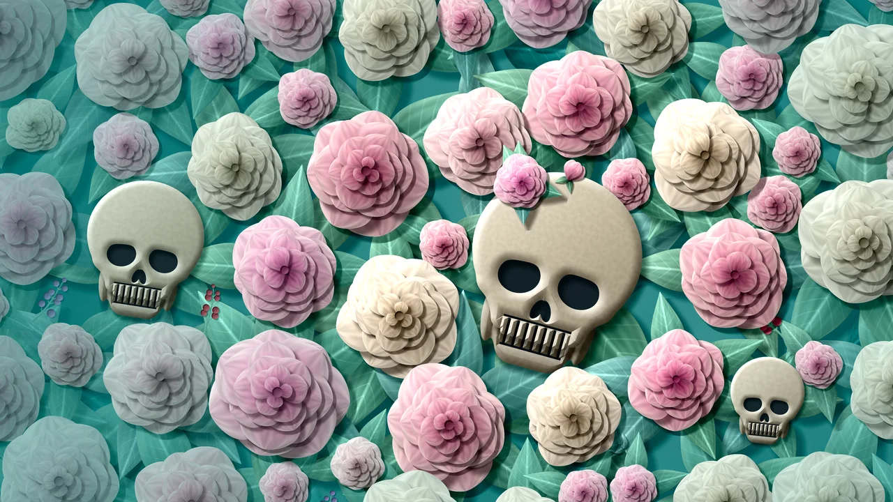 Teal Paper Skulls and Roses desktop wallpaper in 4K
