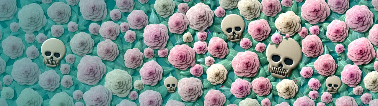 Teal Paper Skulls and Roses dual monitor wallpaper, 7680 × 2160