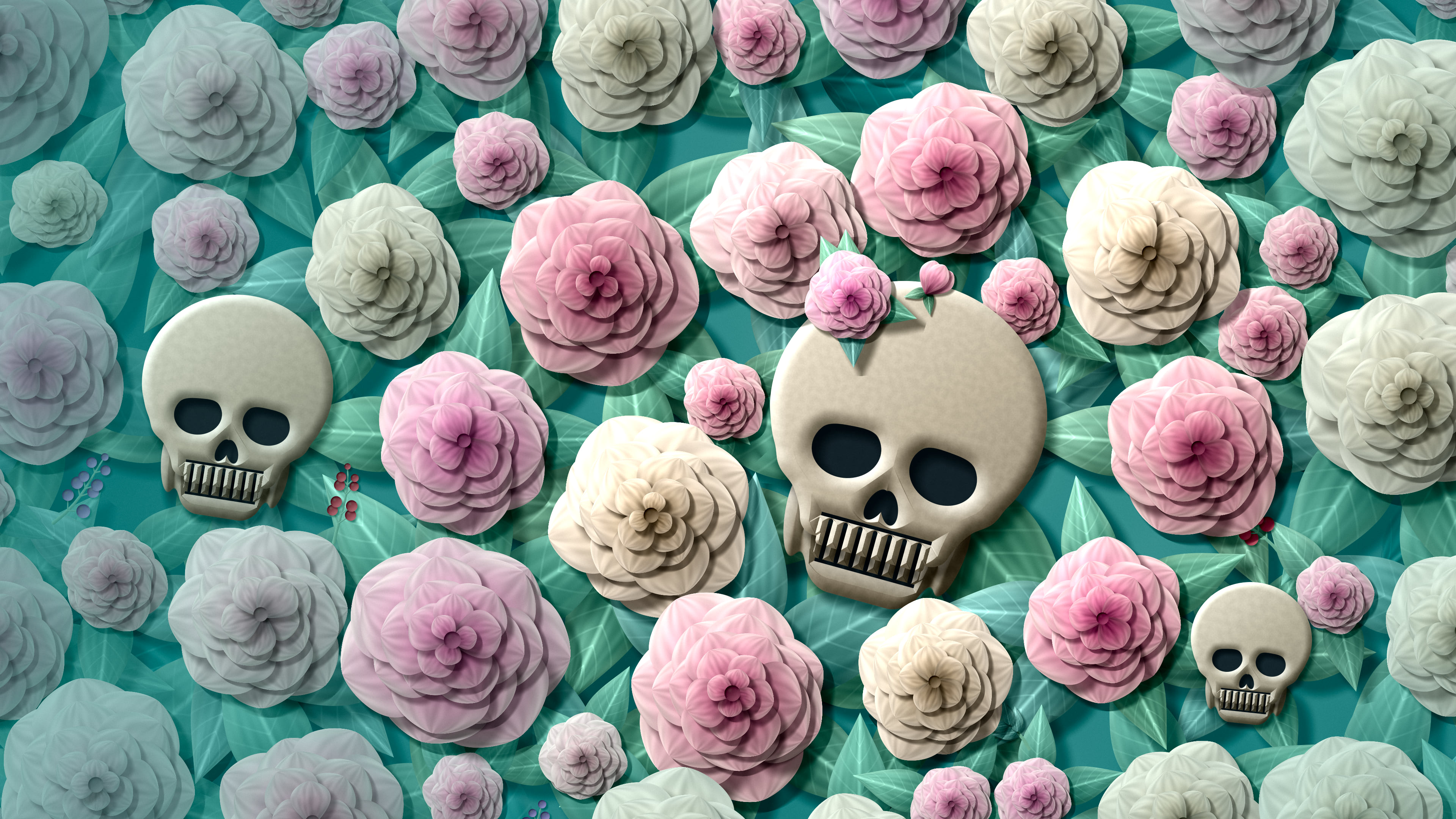 Teal Paper Skulls and Roses desktop wallpaper in 4K