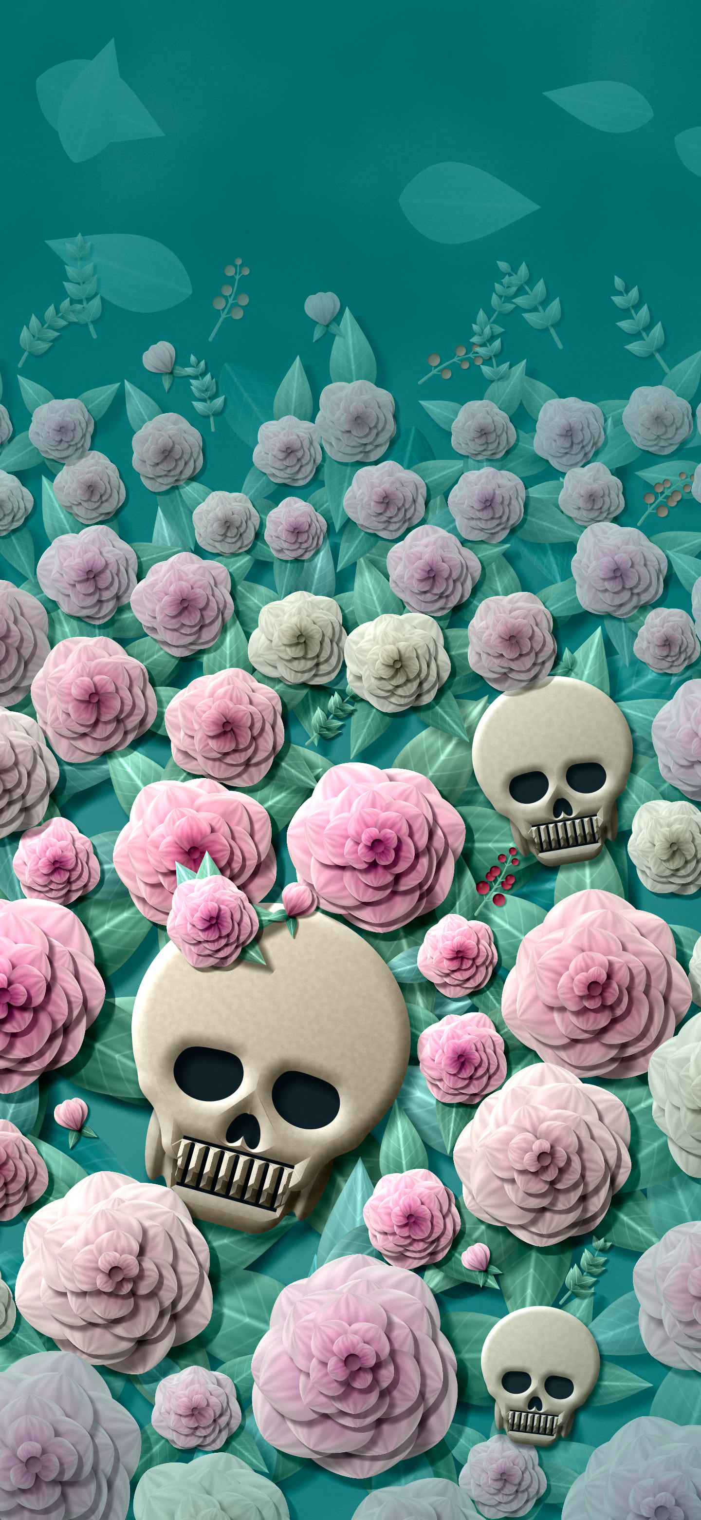Teal Paper Skulls and Roses wallpaper for iPhone and Android