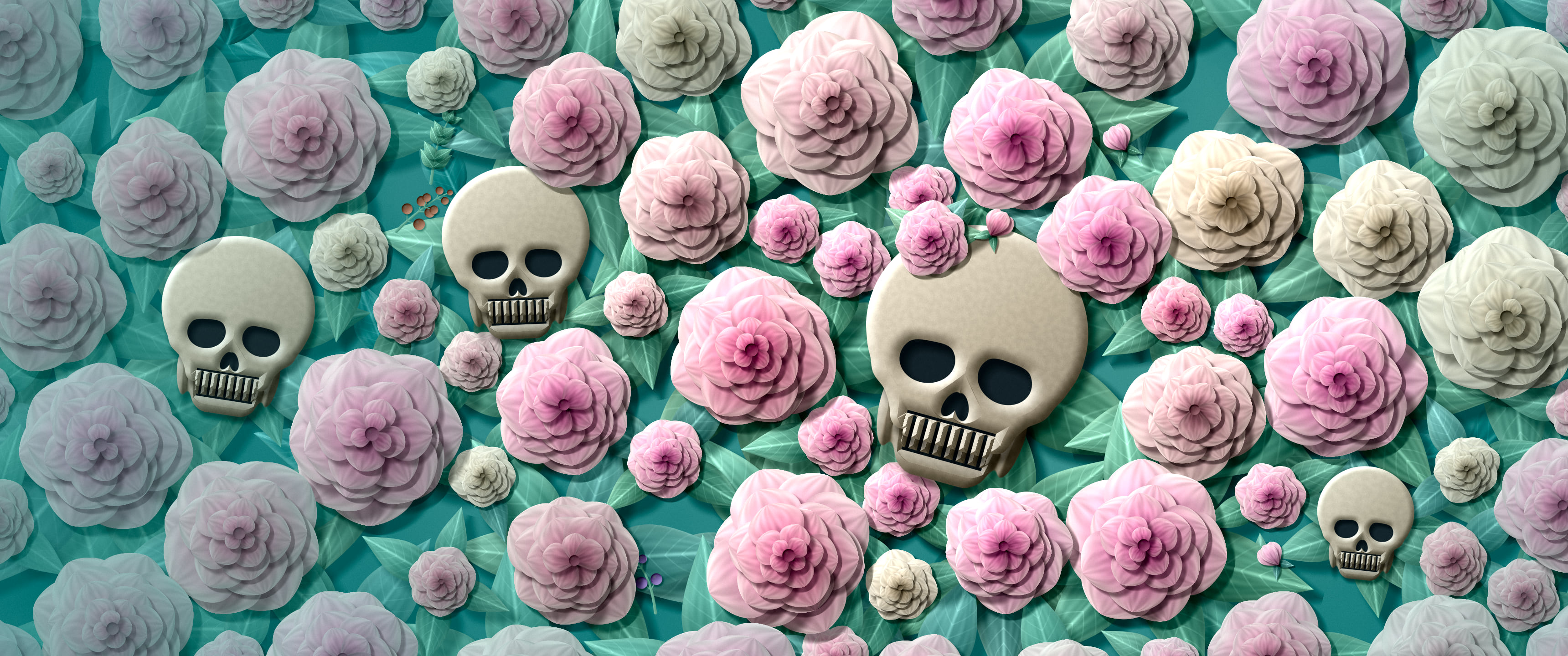 Teal Paper Skulls and Roses ultrawide wallpaper, 3440 × 1440