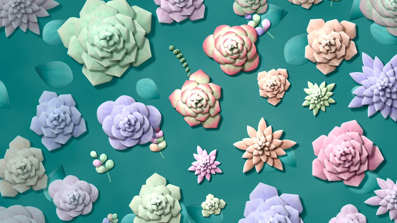 Teal Paper Succulents desktop wallpaper in 4K