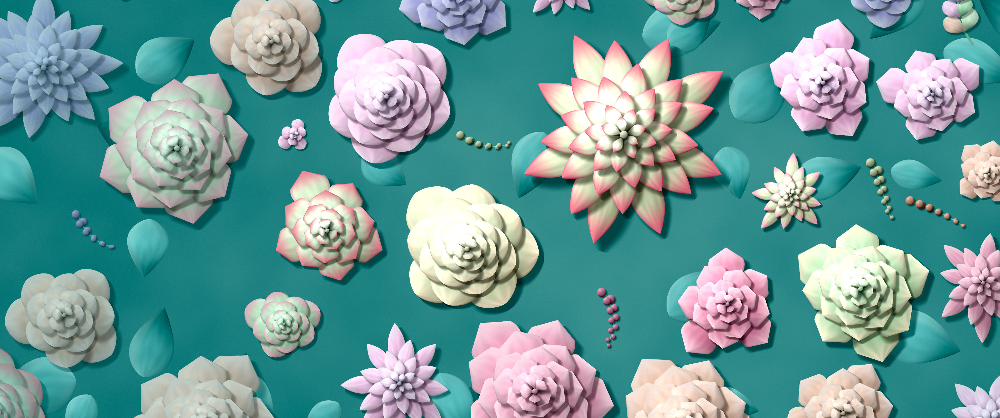 Teal Paper Succulents ultrawide wallpaper, 3440 × 1440