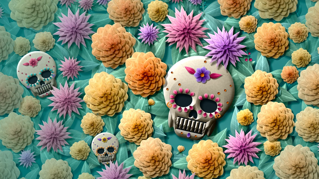 Teal Paper Sugar Skull and Marigolds desktop wallpaper in 4K