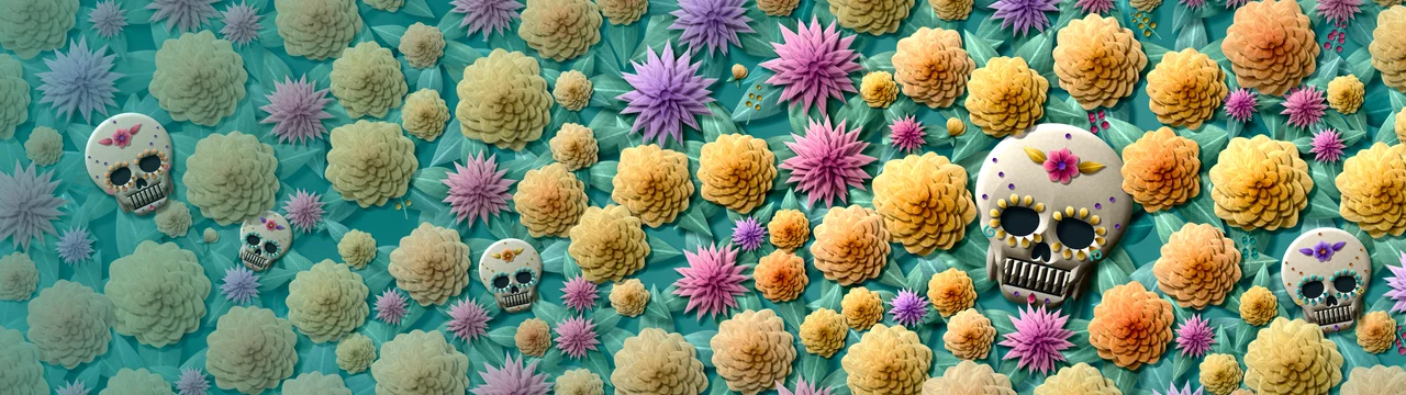 Teal Paper Sugar Skull and Marigolds dual monitor wallpaper, 7680 × 2160