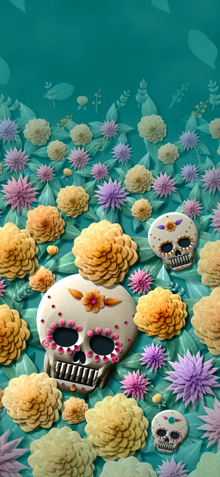 Teal Paper Sugar Skull and Marigolds wallpaper for iPhone and Android