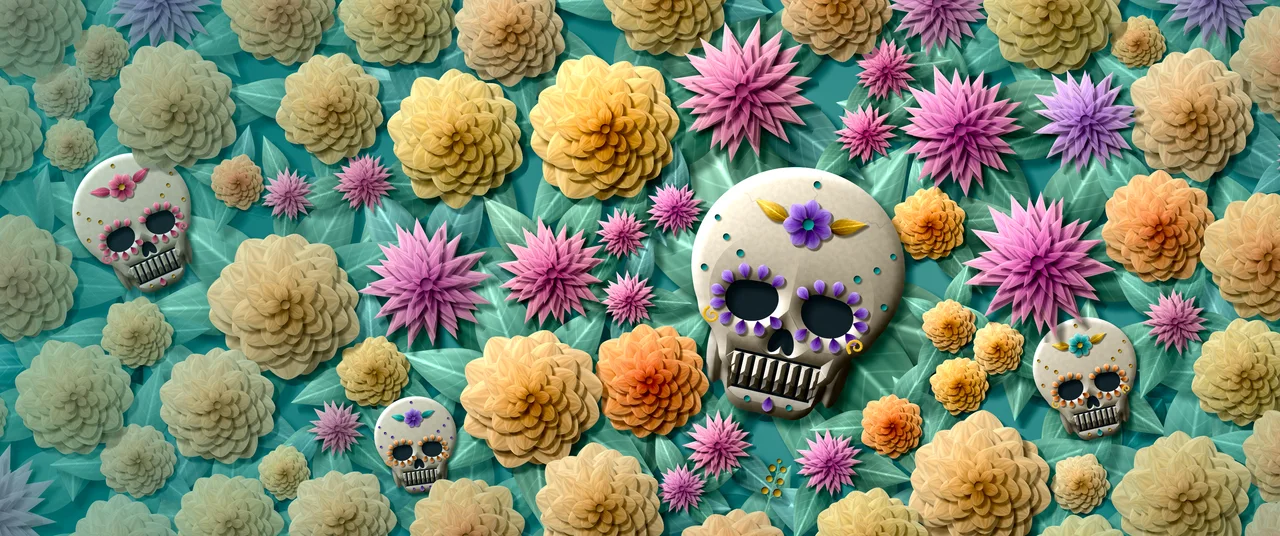 Teal Paper Sugar Skull and Marigolds ultrawide wallpaper, 3440 × 1440