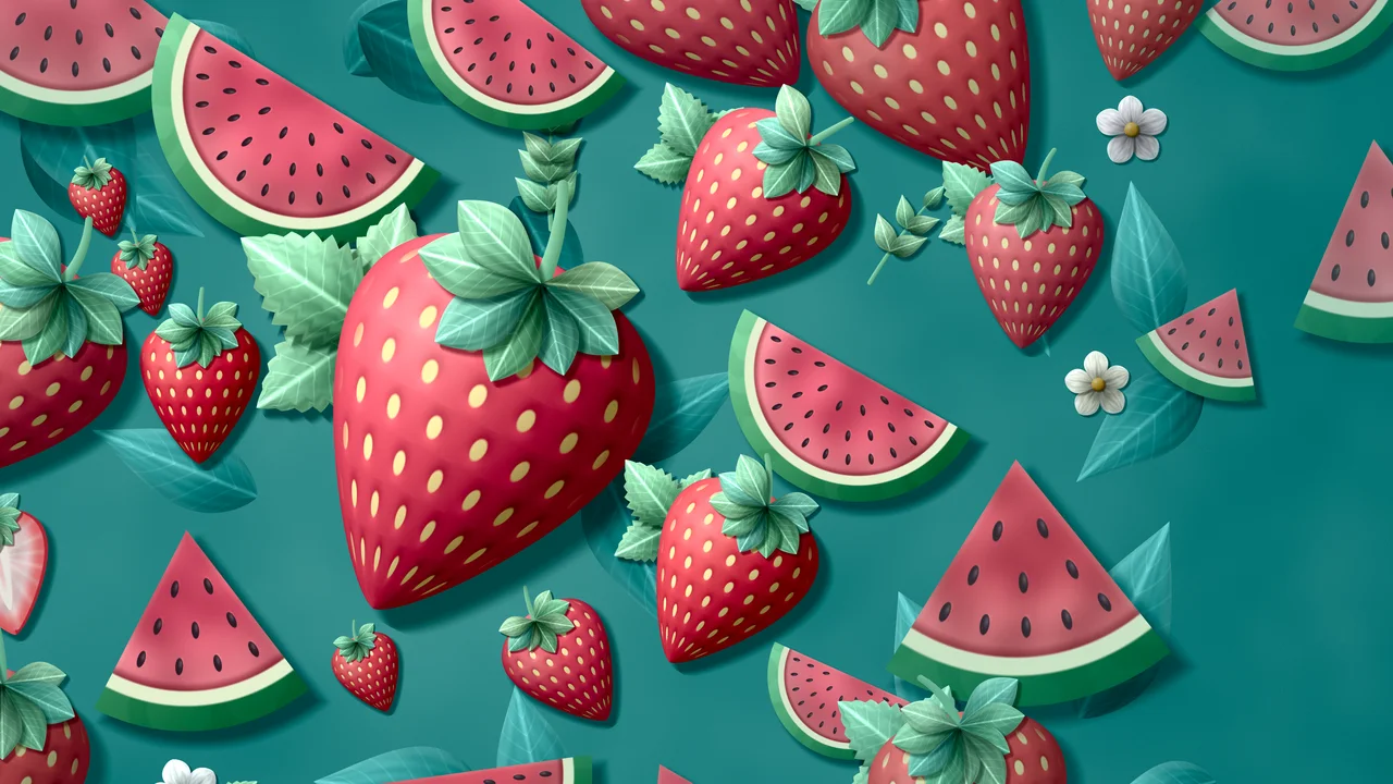Teal Paper Watermelon and Strawberries desktop wallpaper in 4K