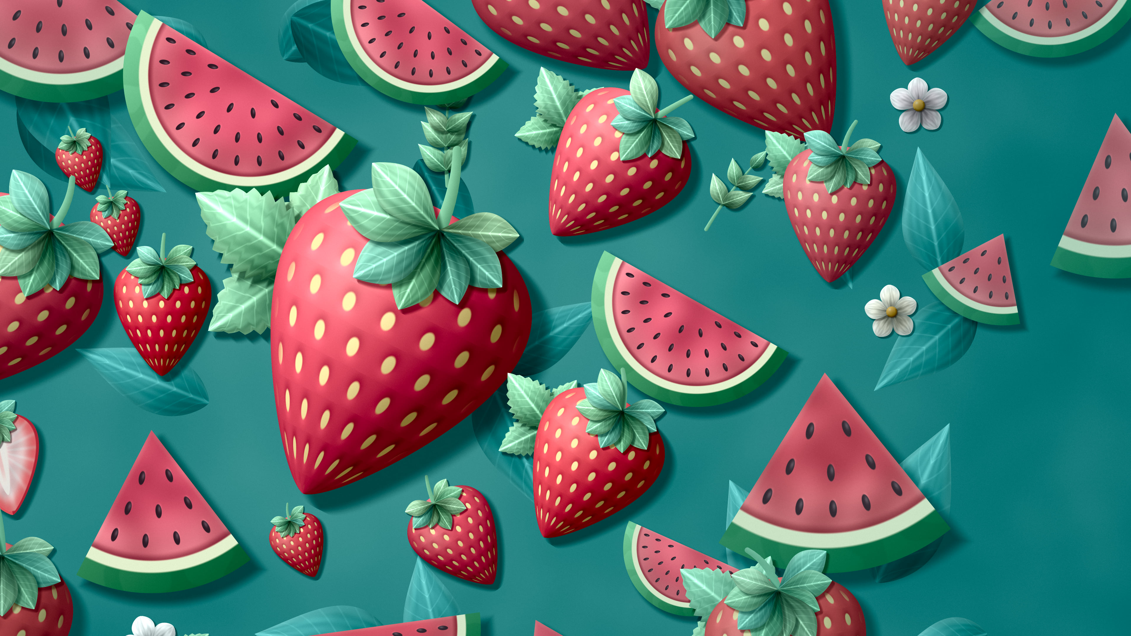 Teal Paper Watermelon and Strawberries desktop wallpaper in 4K