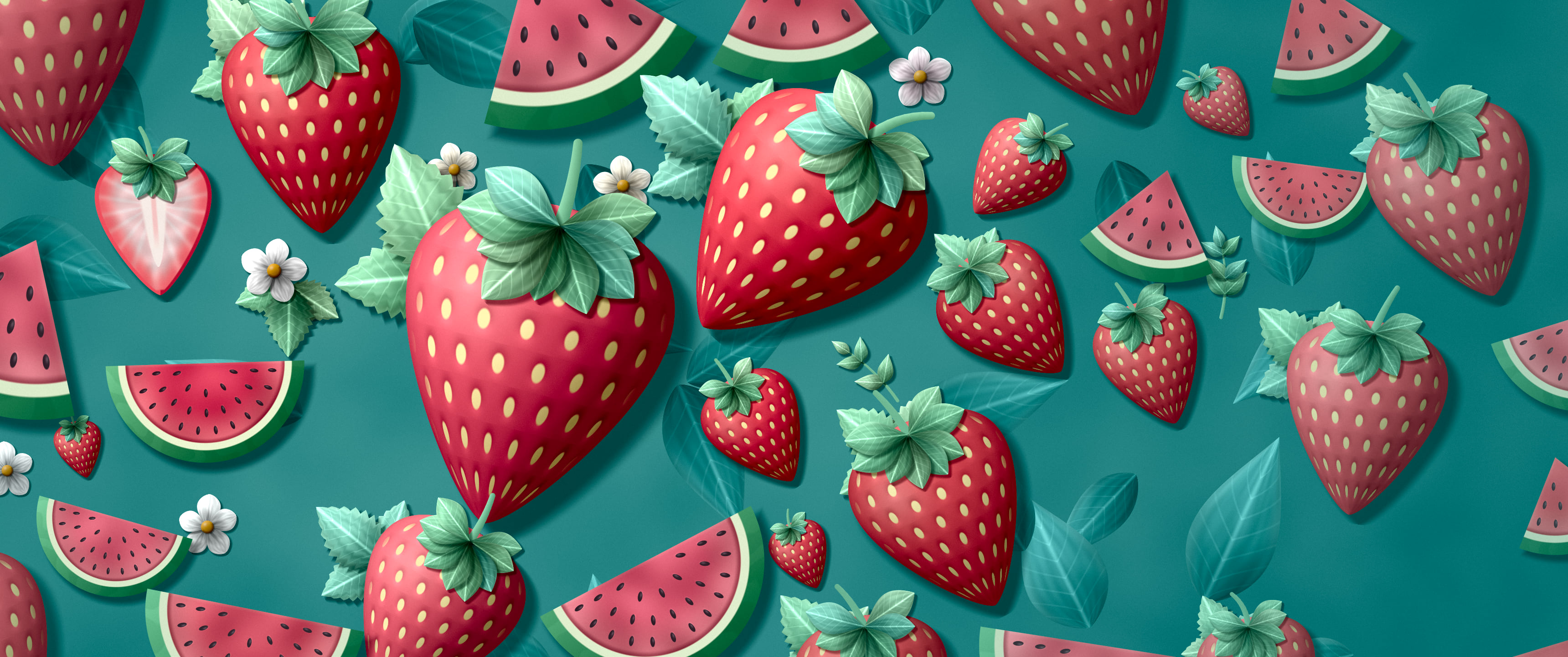 Teal Paper Watermelon and Strawberries ultrawide wallpaper, 3440 × 1440