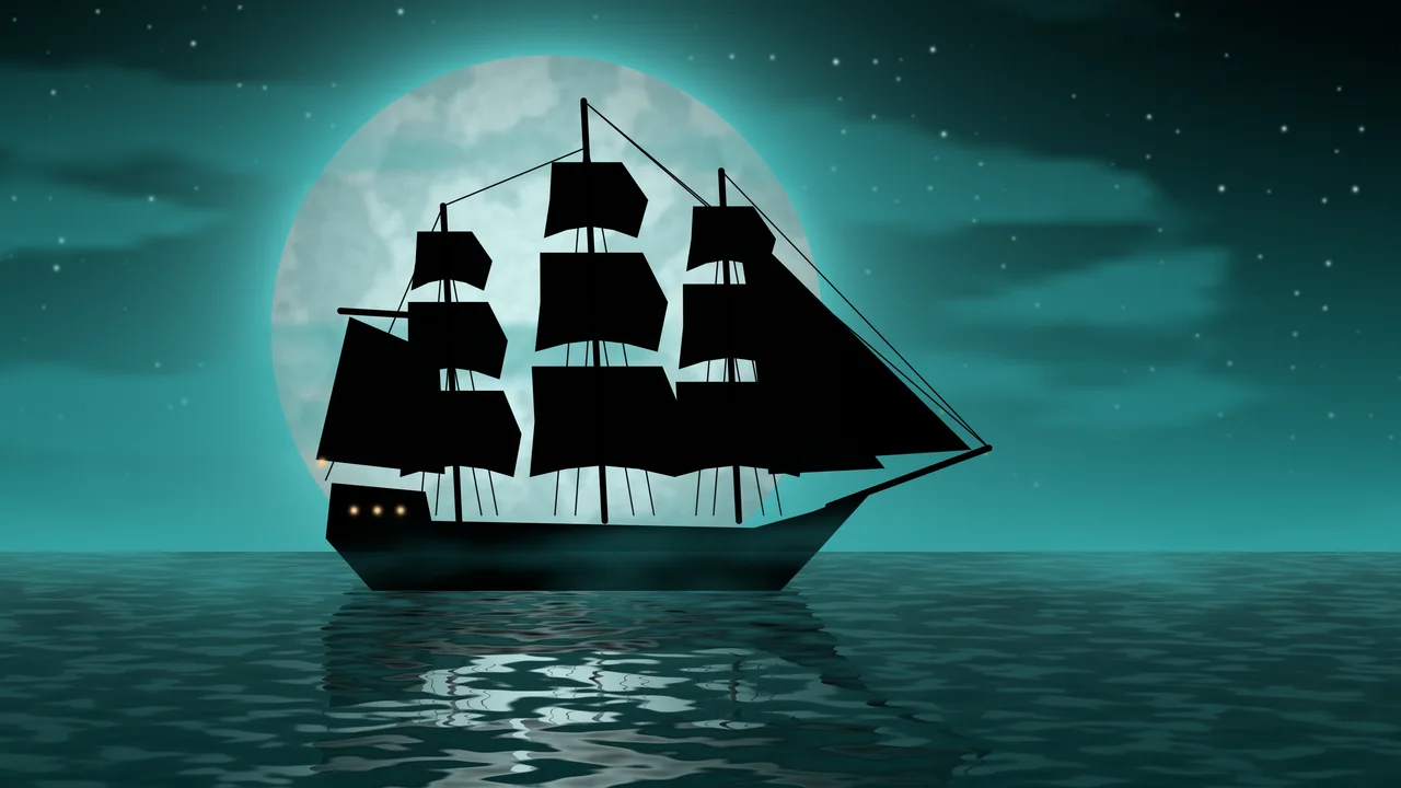 Teal Pirate Ship and Full Moon desktop wallpaper in 4K
