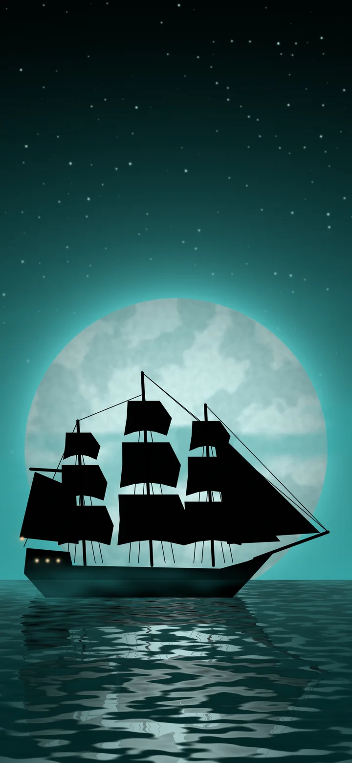 Teal Pirate Ship and Full Moon wallpaper for iPhone and Android
