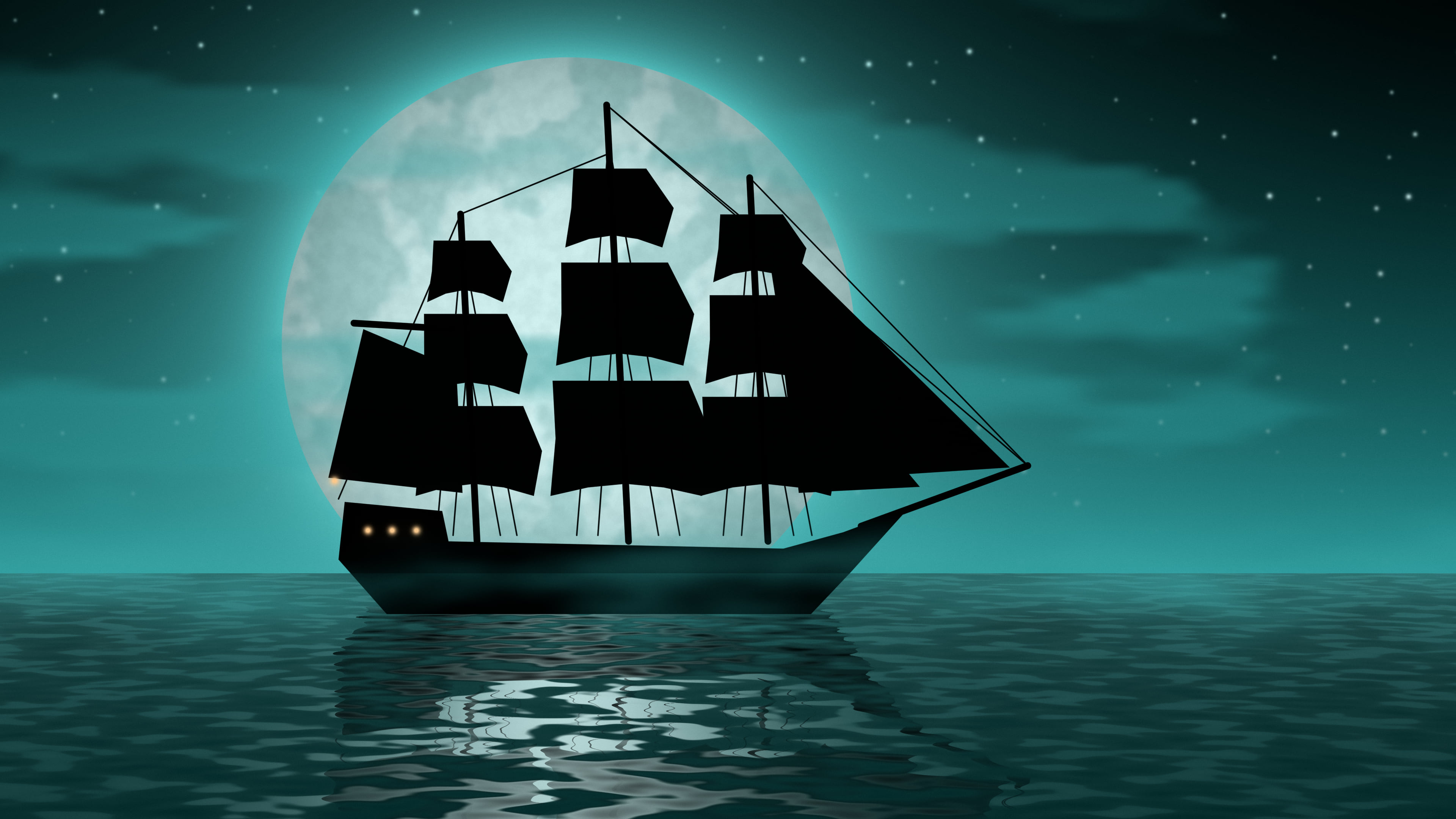Teal Pirate Ship and Full Moon desktop wallpaper in 4K