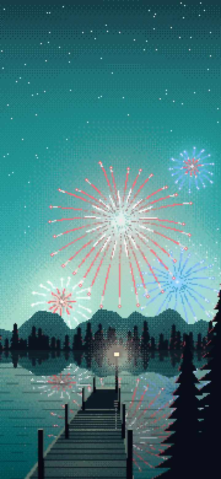 Teal Pixel Art 4th of July Fireworks wallpaper for iPhone and Android
