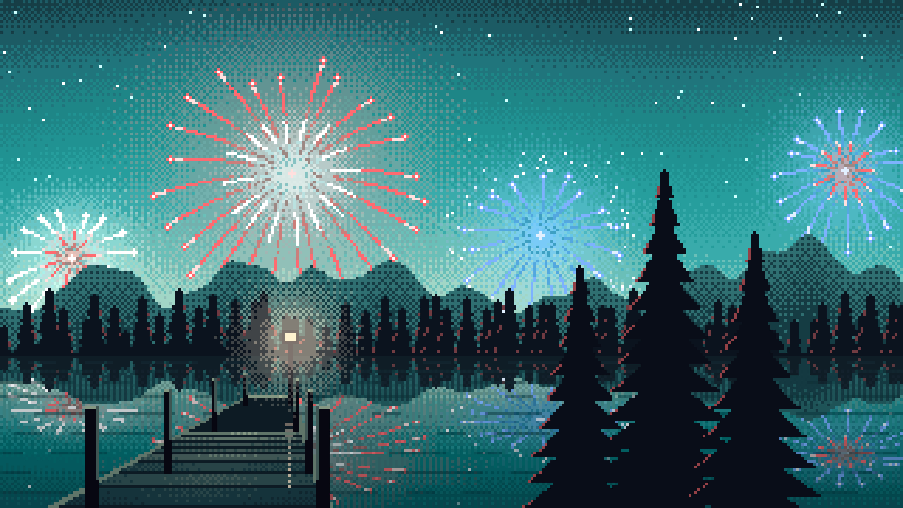 Teal Pixel Art 4th of July Fireworks desktop wallpaper in 4K