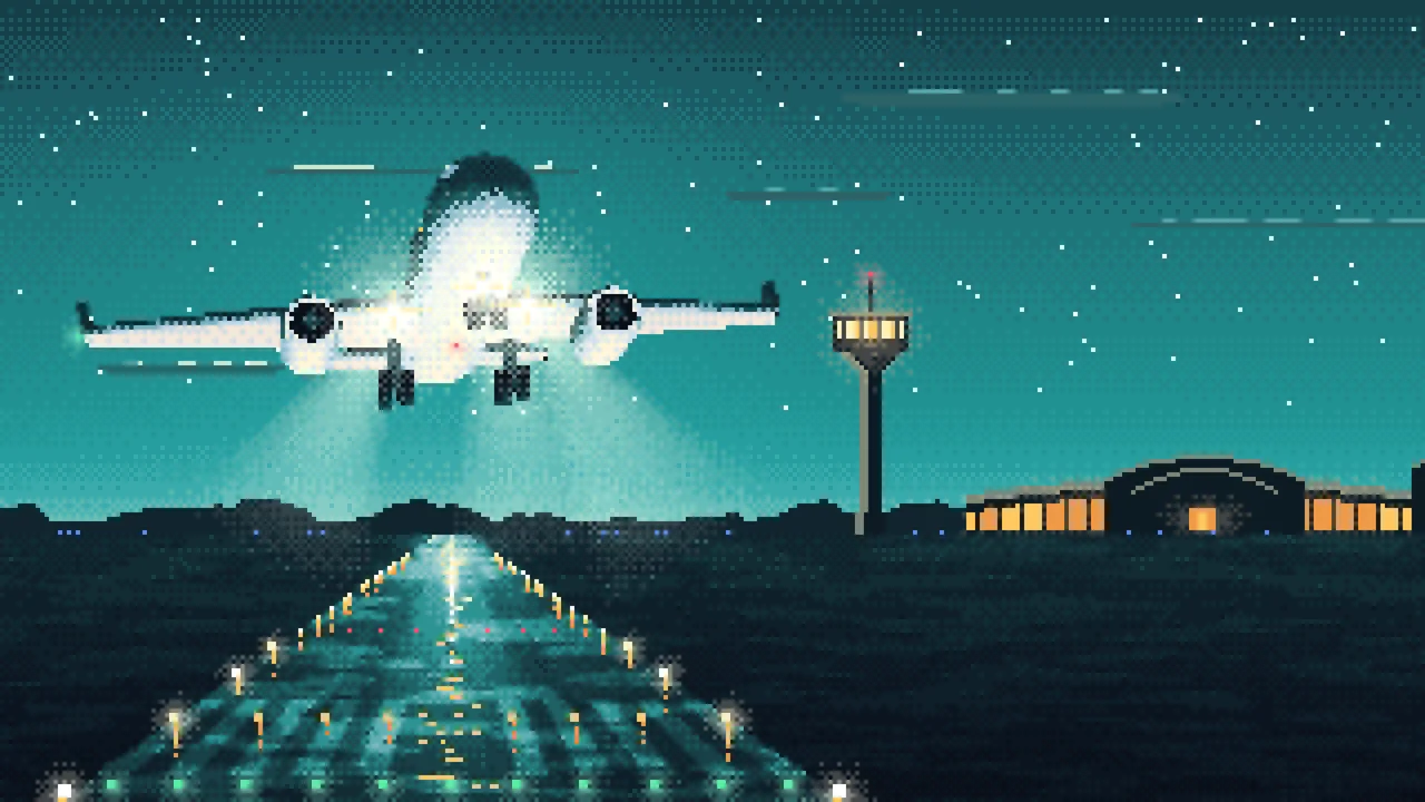 Teal Pixel Art Airplane Landing at Night desktop wallpaper in 4K