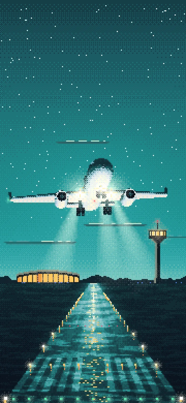 Teal Pixel Art Airplane Landing at Night wallpaper for iPhone and Android