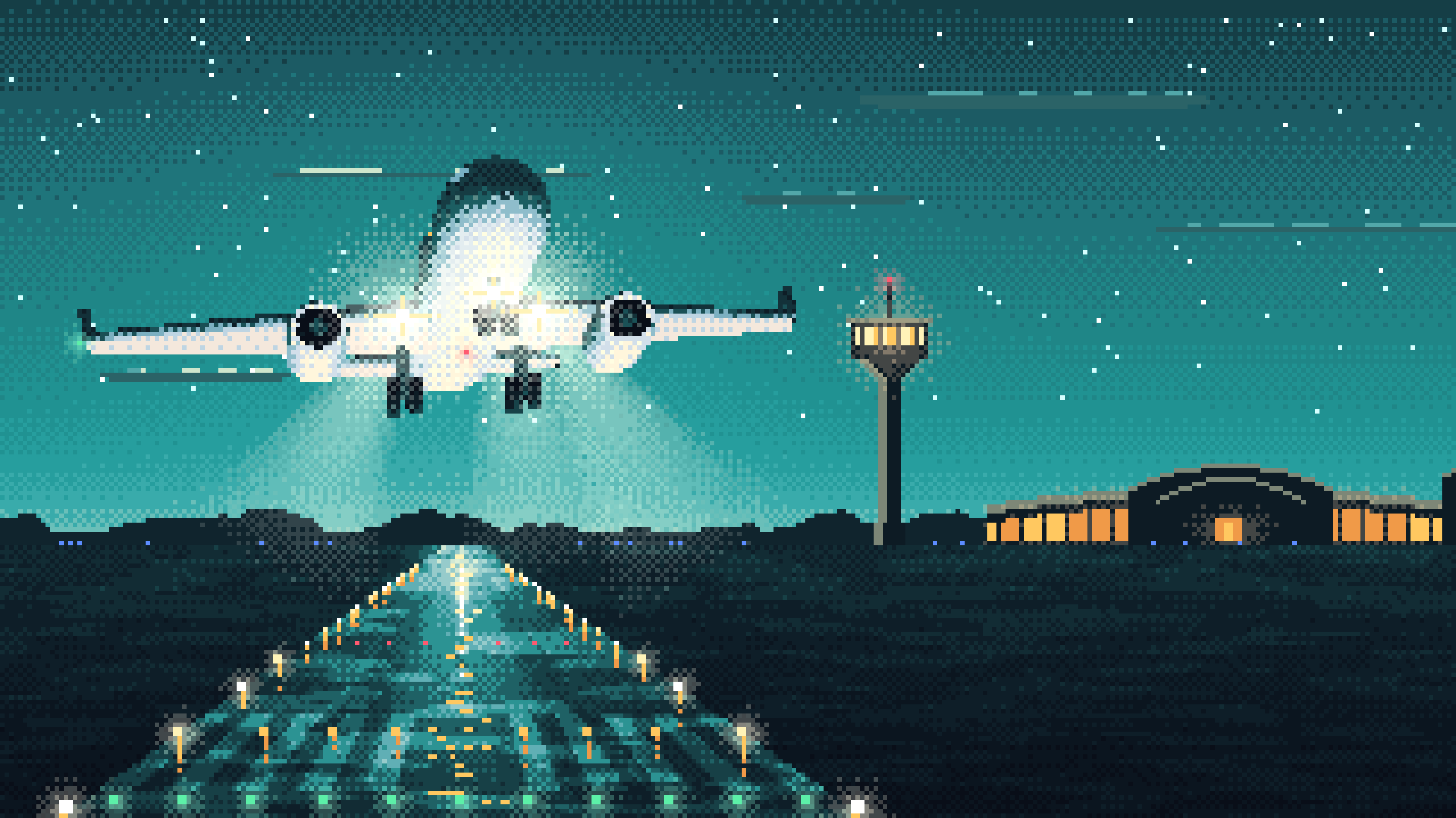 Teal Pixel Art Airplane Landing at Night desktop wallpaper in 4K