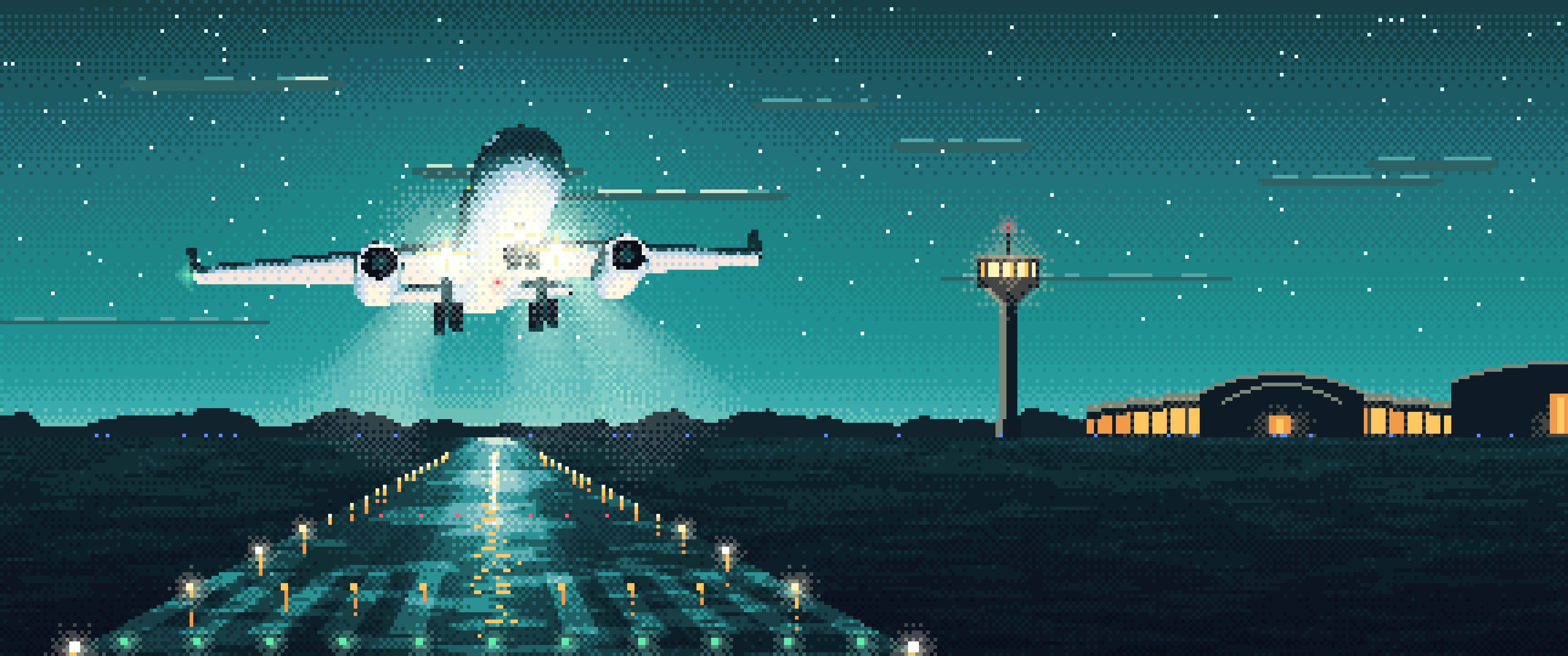 Teal Pixel Art Airplane Landing at Night ultrawide wallpaper, 3440 × 1440