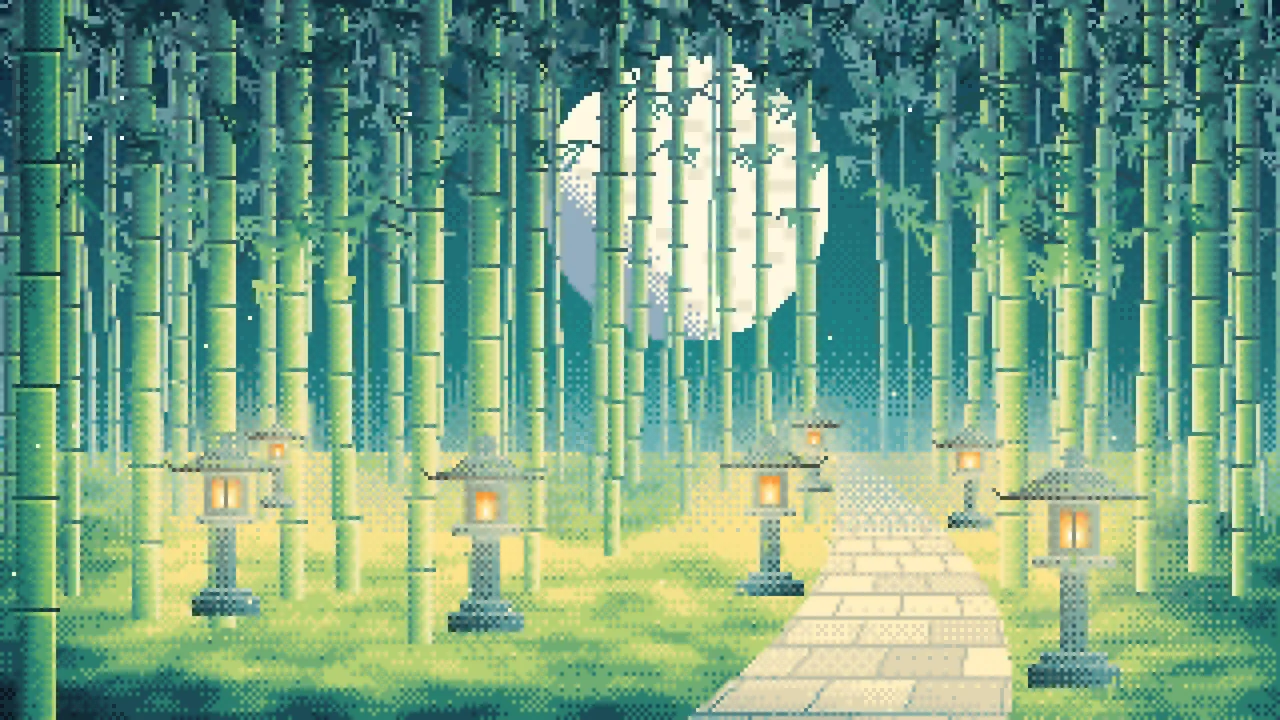 Teal Pixel Art Bamboo Path at Night desktop wallpaper in 4K