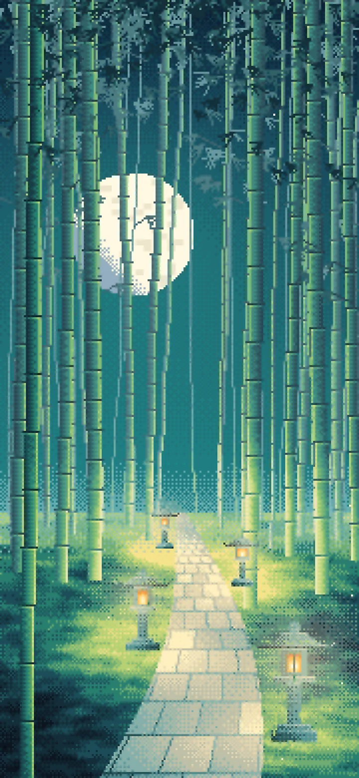 Teal Pixel Art Bamboo Path at Night wallpaper for iPhone and Android