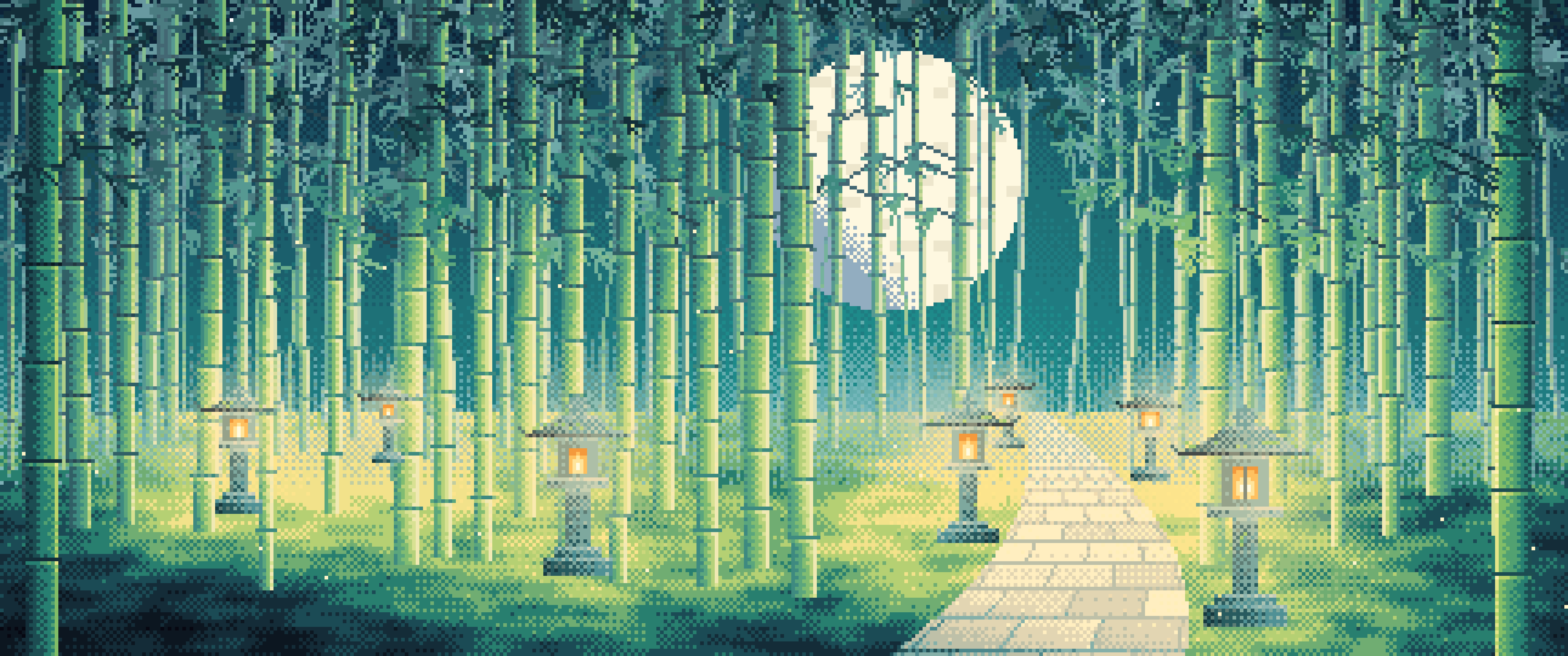 Teal Pixel Art Bamboo Path at Night ultrawide wallpaper, 3440 × 1440