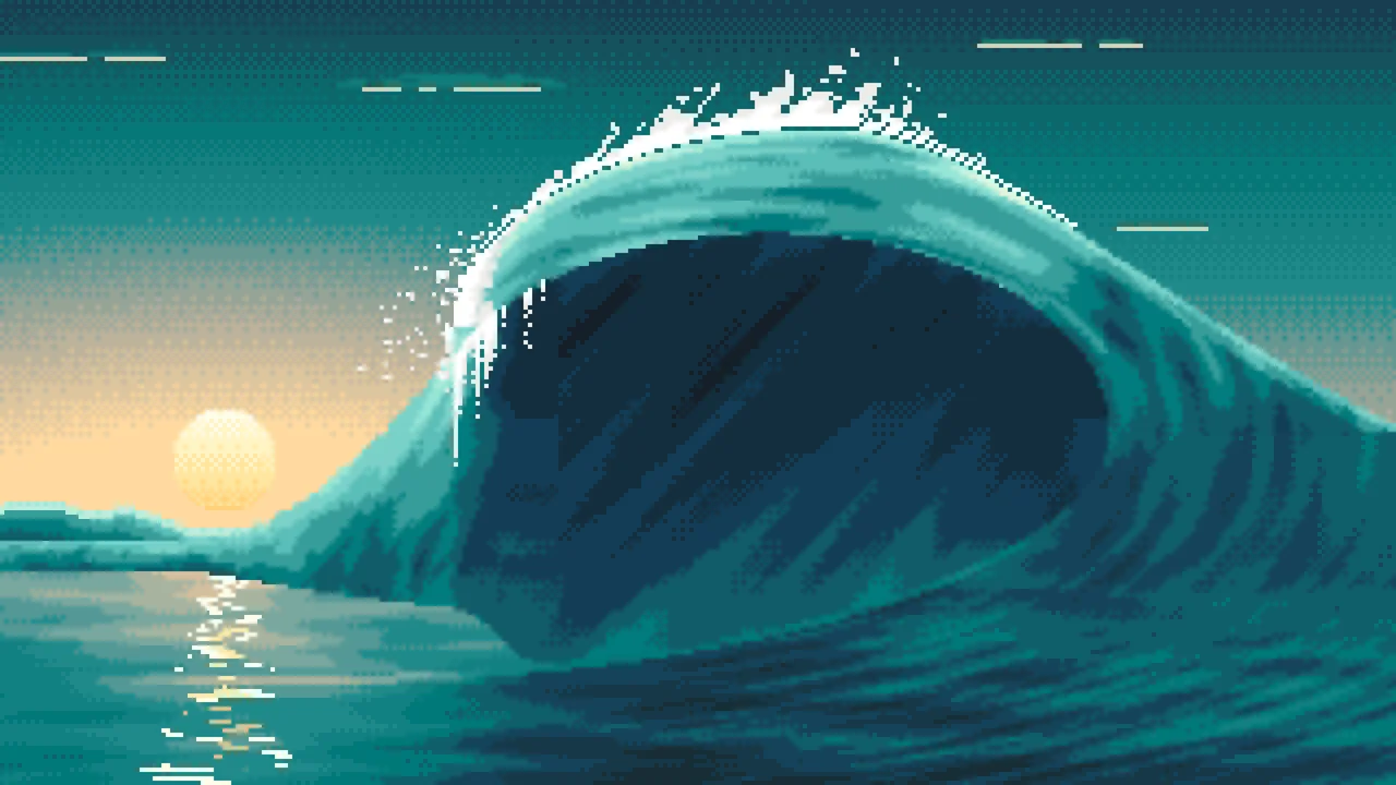 Teal Pixel Art Barrel Wave at Sunset desktop wallpaper in 4K