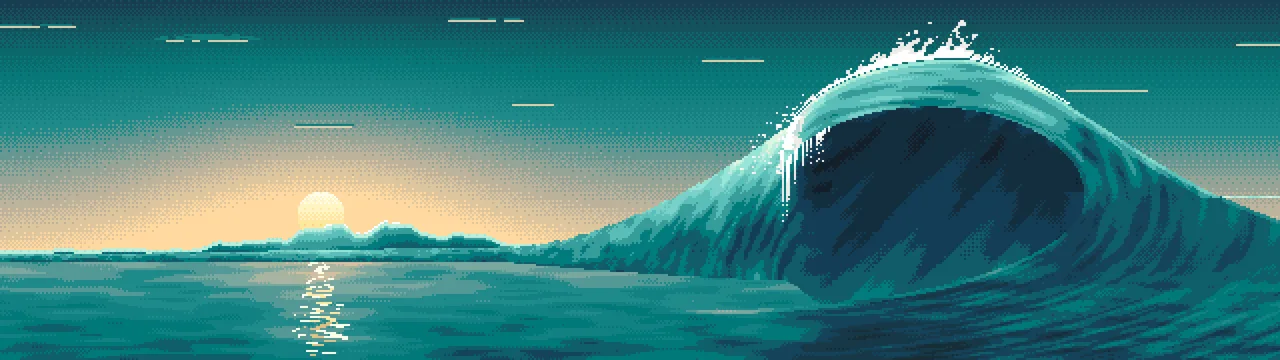Teal Pixel Art Barrel Wave at Sunset dual monitor wallpaper, 7680 × 2160