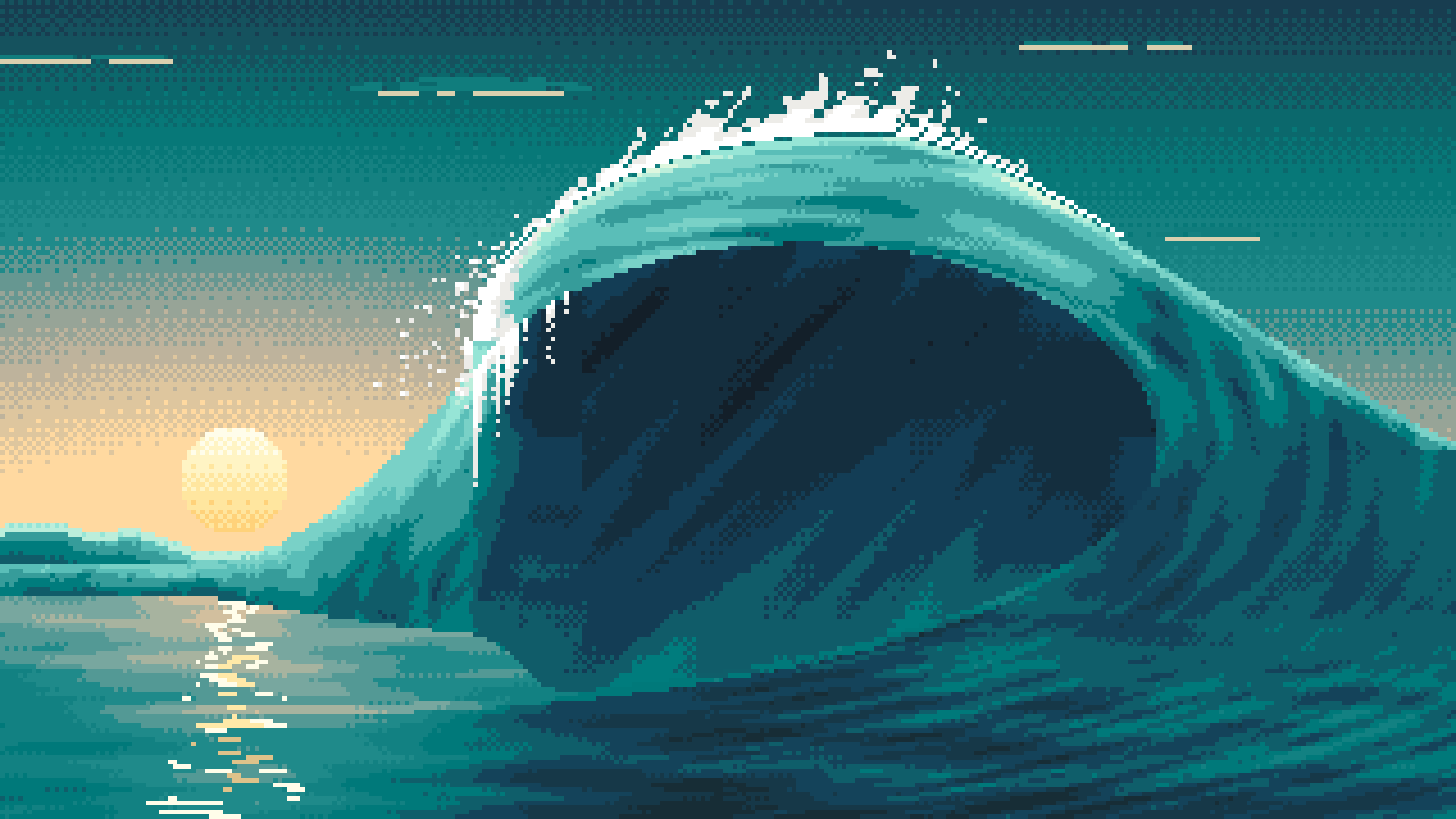 Teal Pixel Art Barrel Wave at Sunset desktop wallpaper in 4K