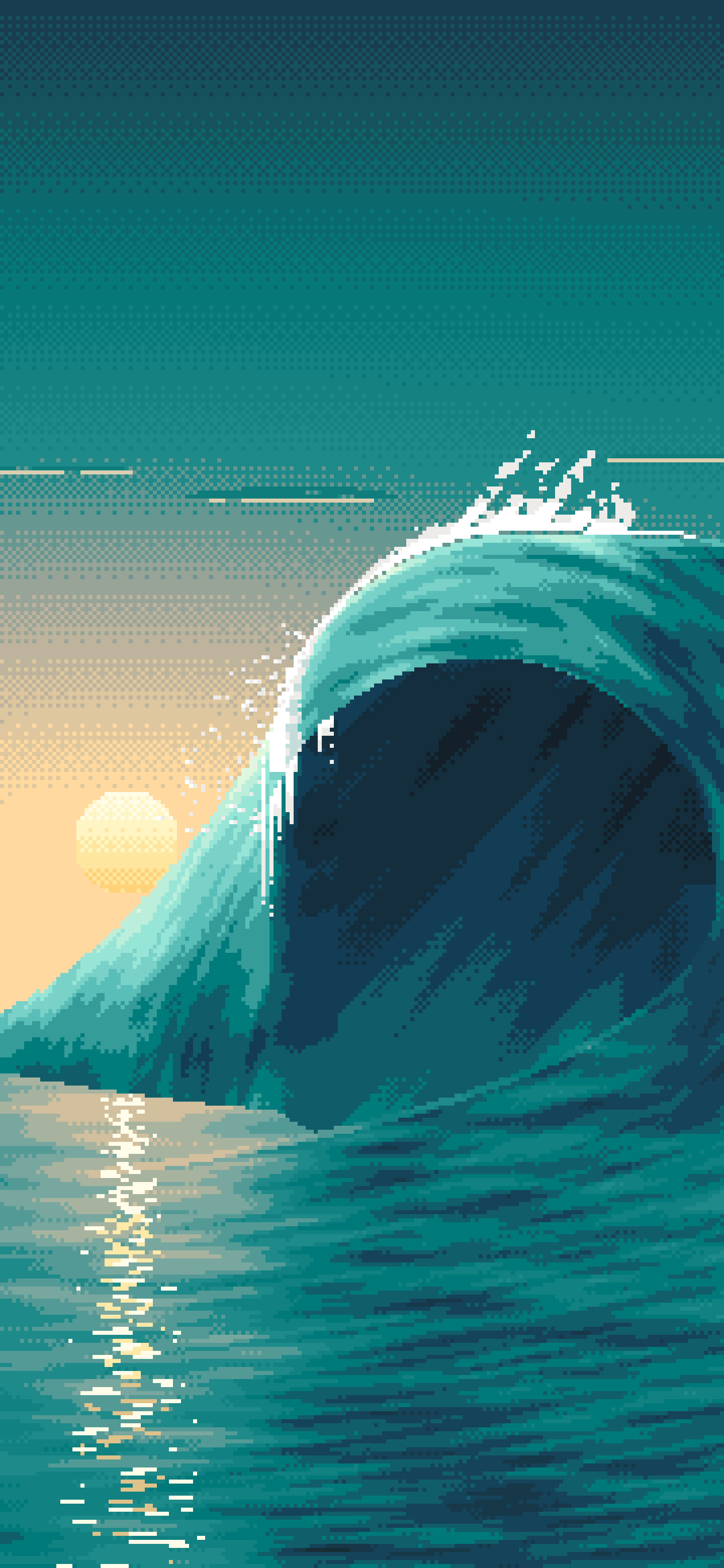 Teal Pixel Art Barrel Wave at Sunset wallpaper for iPhone and Android
