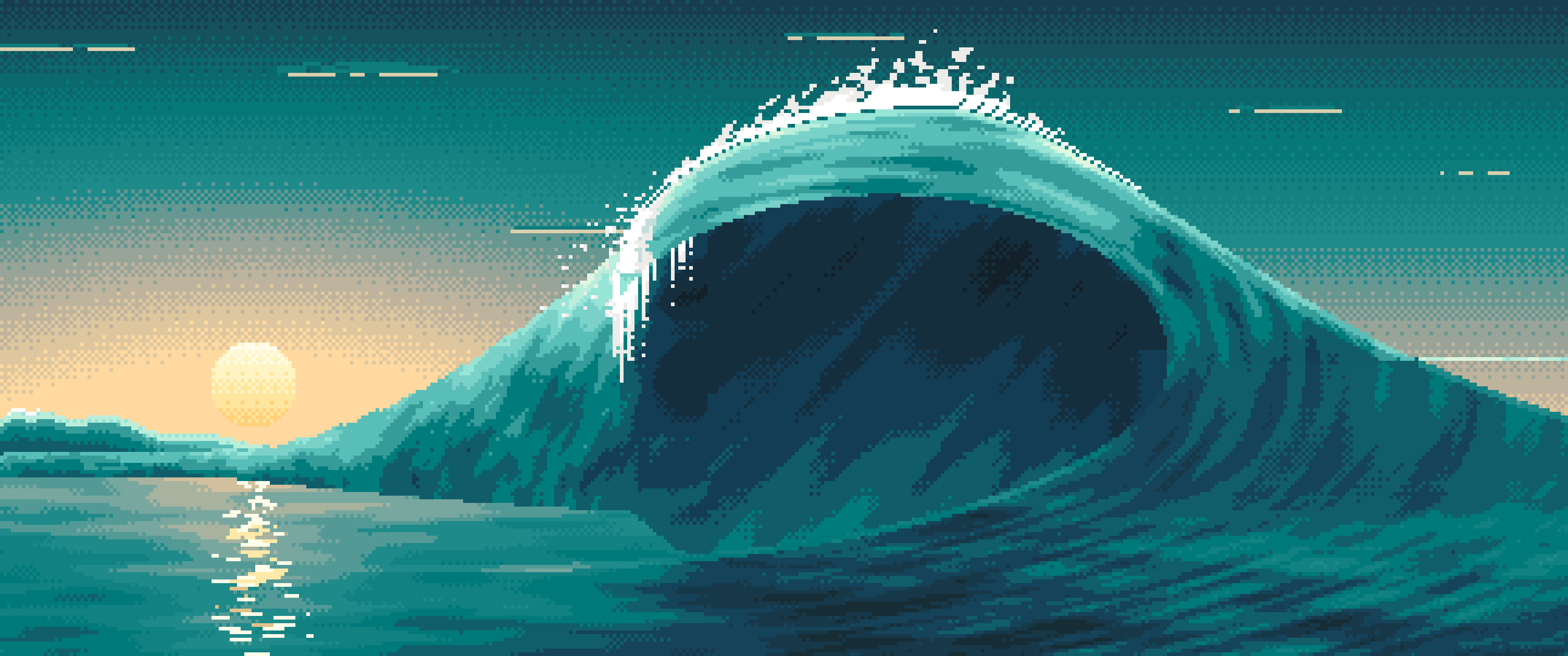 Teal Pixel Art Barrel Wave at Sunset ultrawide wallpaper, 3440 × 1440