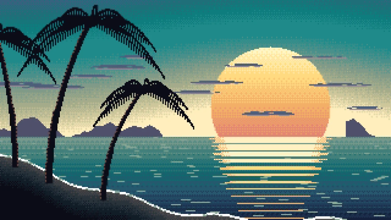 Teal Pixel Art Beach Sunset desktop wallpaper in 4K