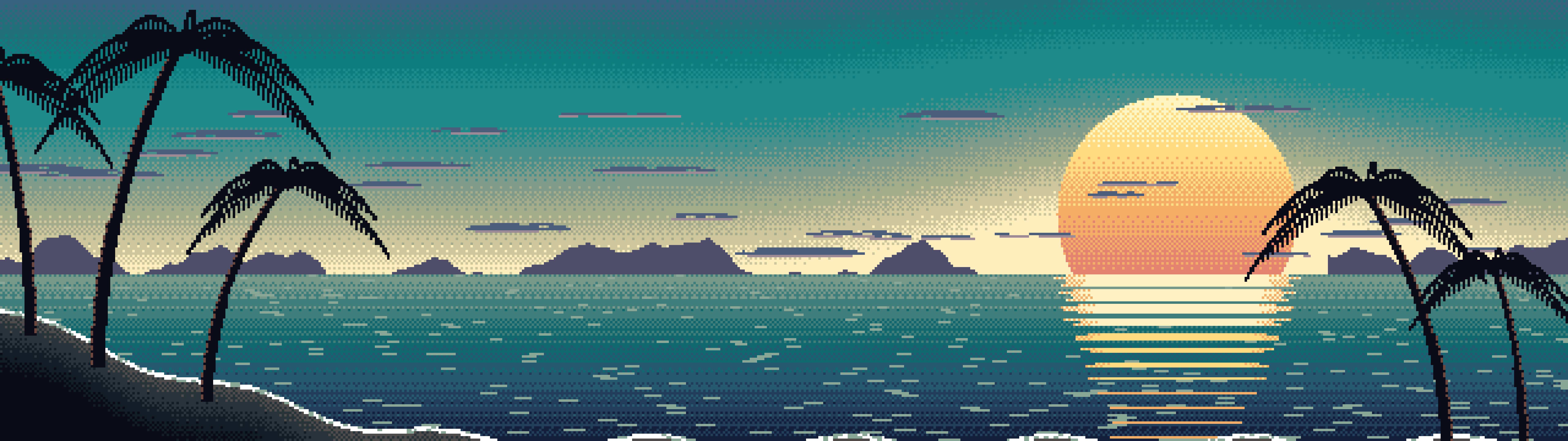 Teal Pixel Art Beach Sunset dual monitor wallpaper, 7680 × 2160