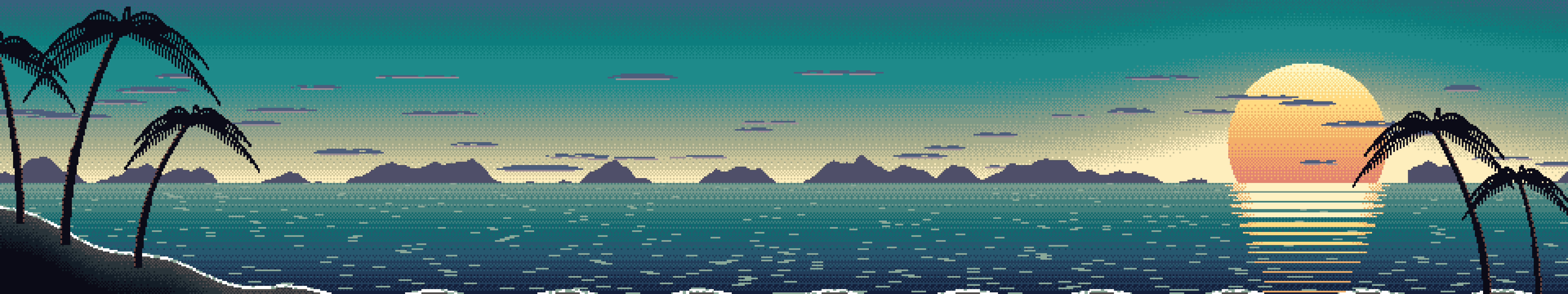 Teal Pixel Art Beach Sunset triple monitor wallpaper, 7680 × 1440