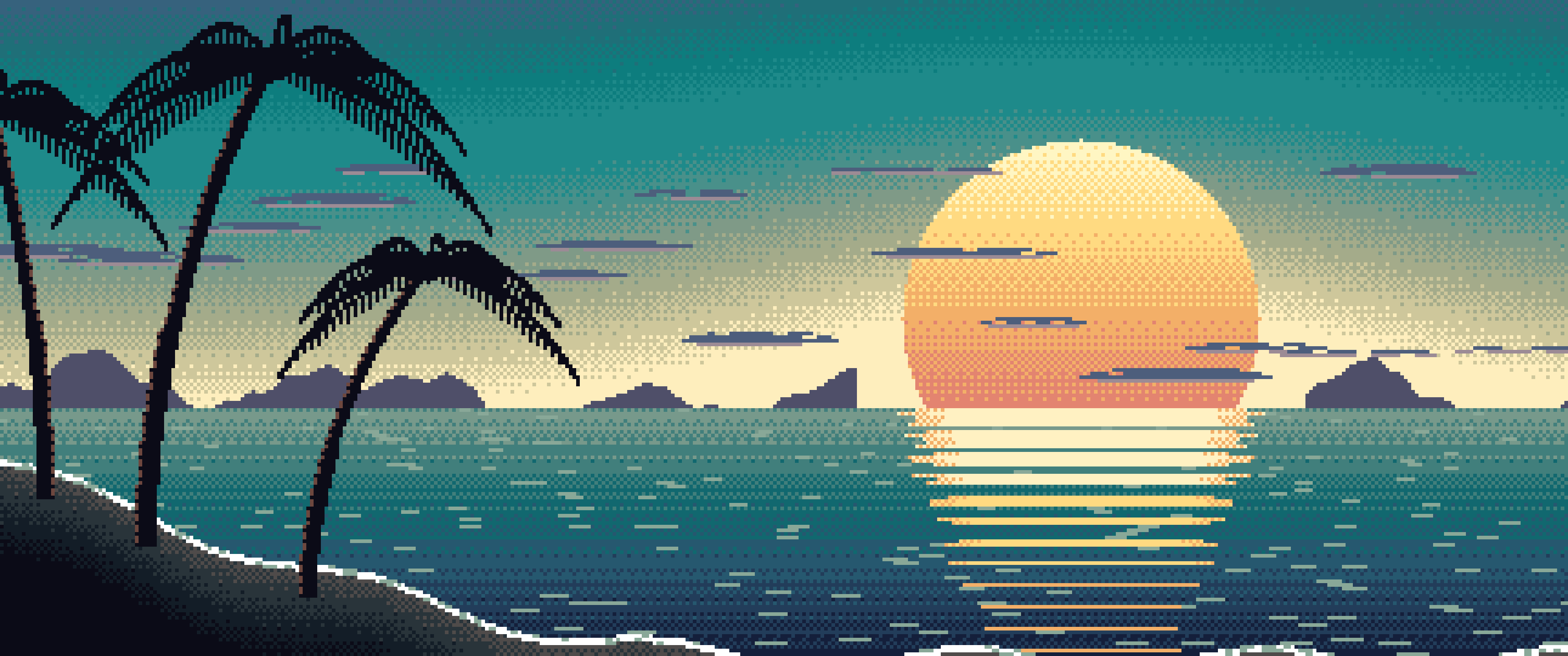 Teal Pixel Art Beach Sunset ultrawide wallpaper, 3440 × 1440
