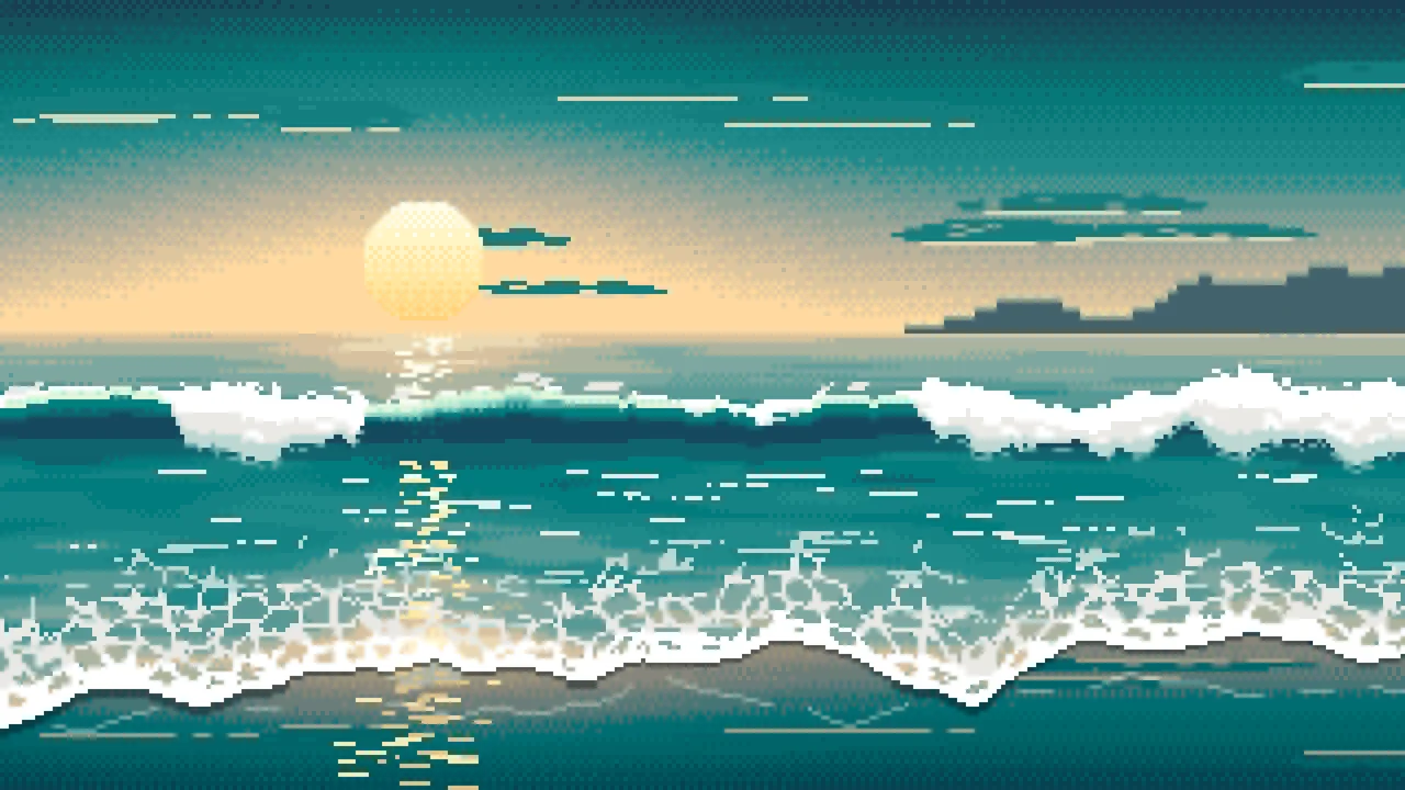 Teal Pixel Art Beach Waves at Sunset desktop wallpaper in 4K