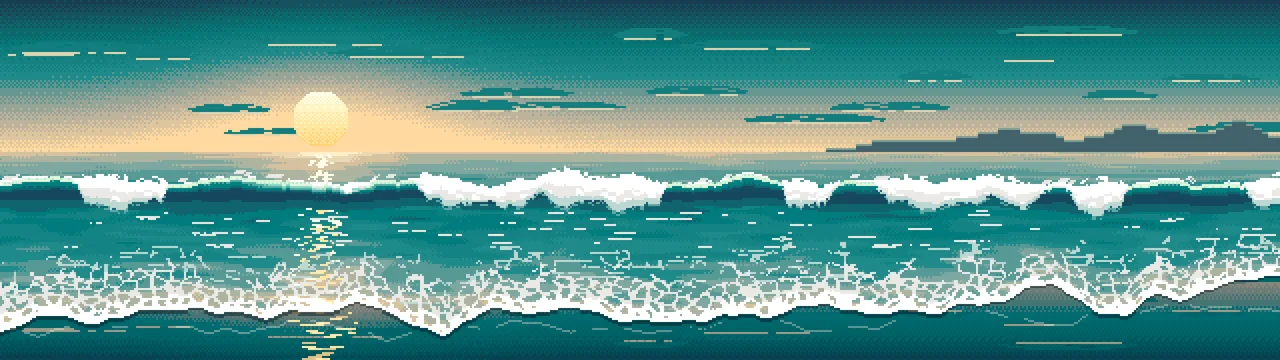 Teal Pixel Art Beach Waves at Sunset dual monitor wallpaper, 7680 × 2160