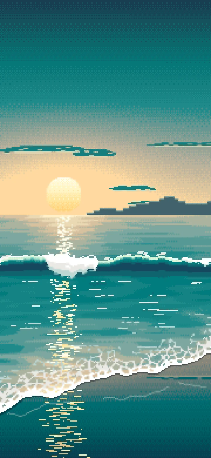Teal Pixel Art Beach Waves at Sunset wallpaper for iPhone and Android