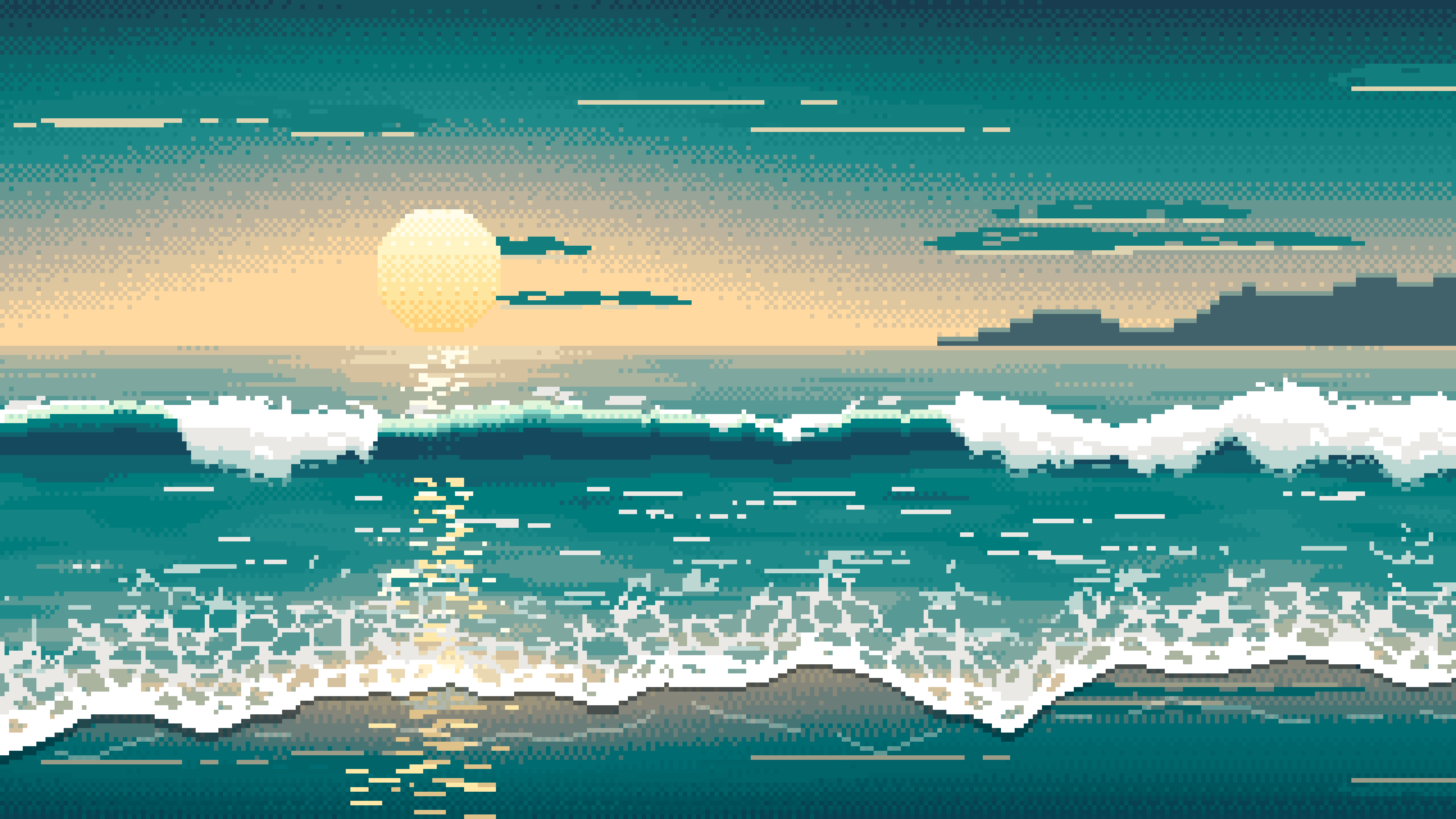 Teal Pixel Art Beach Waves at Sunset desktop wallpaper in 4K