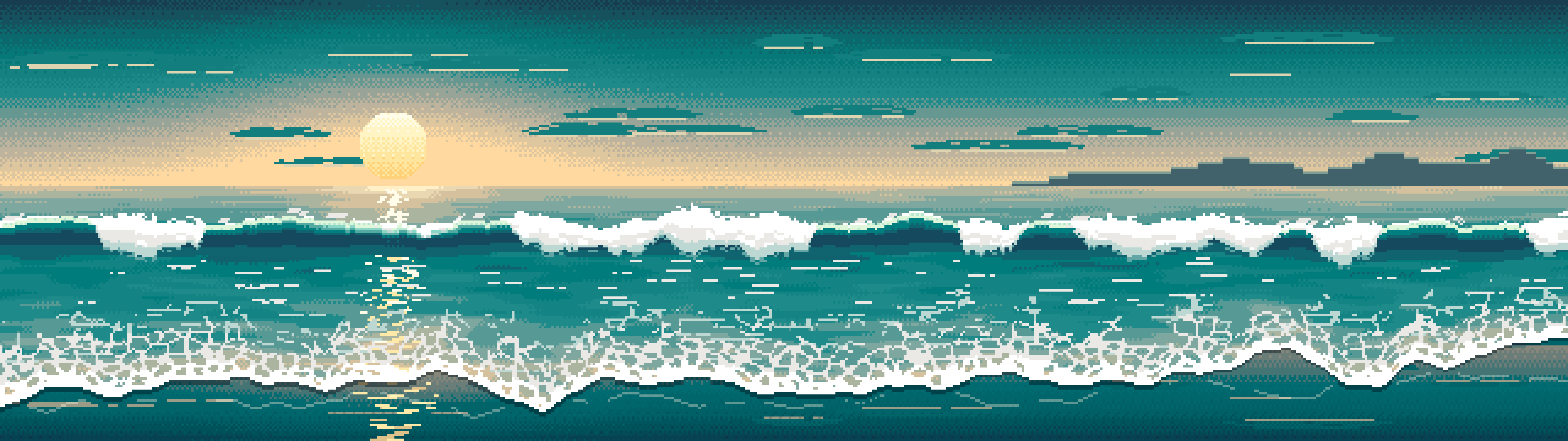 Teal Pixel Art Beach Waves at Sunset dual monitor wallpaper, 7680 × 2160
