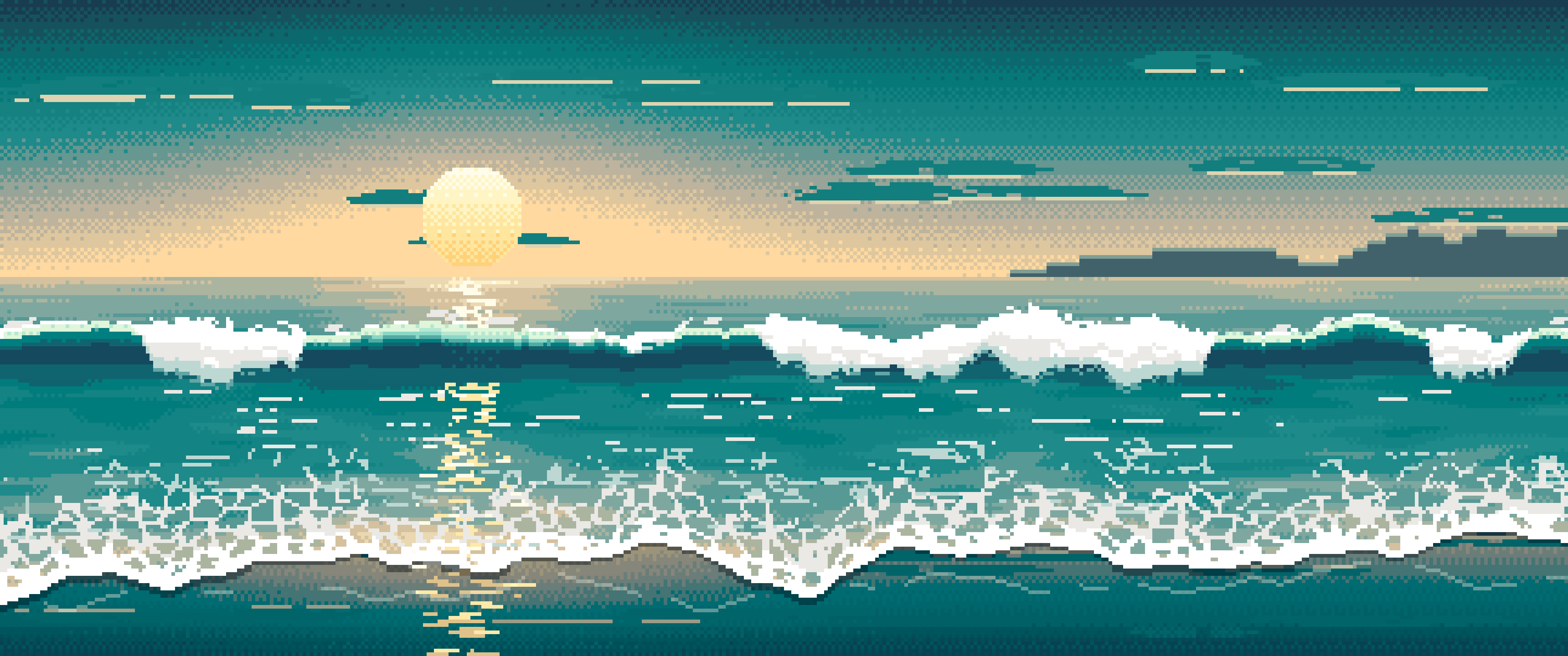 Teal Pixel Art Beach Waves at Sunset ultrawide wallpaper, 3440 × 1440