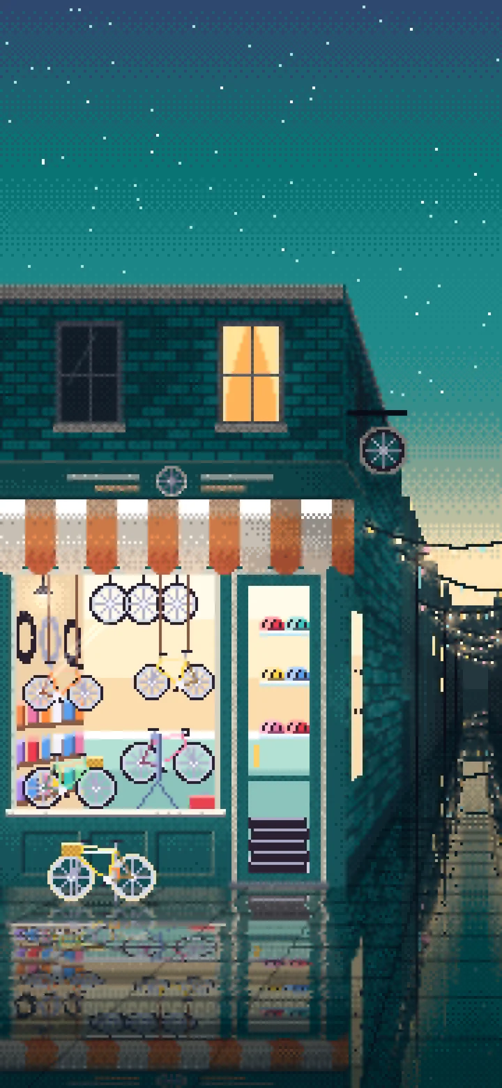 Teal Pixel Art Bicycle Shop wallpaper for iPhone and Android